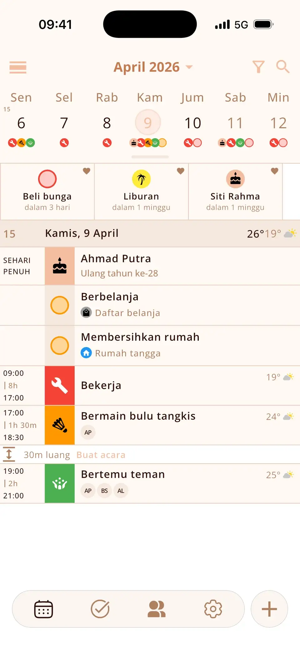 Kalender Miracal dengan acara, tugas, ulang tahun, hitung mundur, dan cuaca