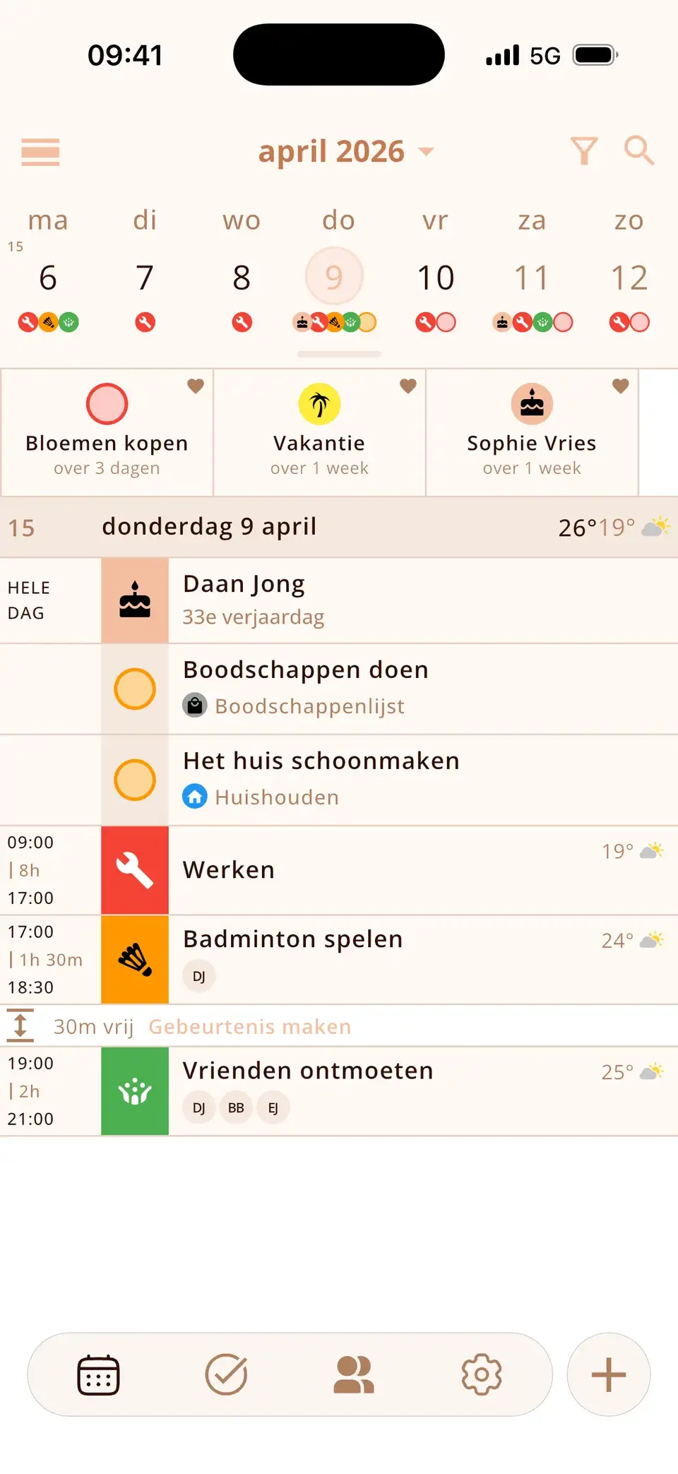 Miracal-agenda met afspraken, taken, een verjaardag, aftellingen en het weer
