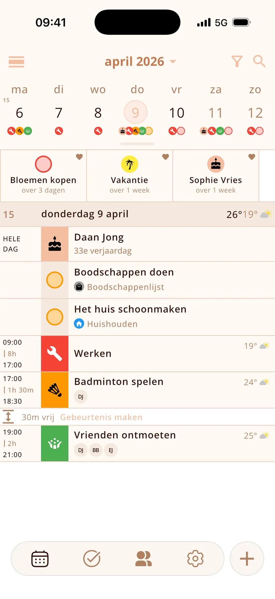 Aftellingen bovenaan de Miracal-agenda: Bloemen kopen, Vakantie, Sophie de Vries