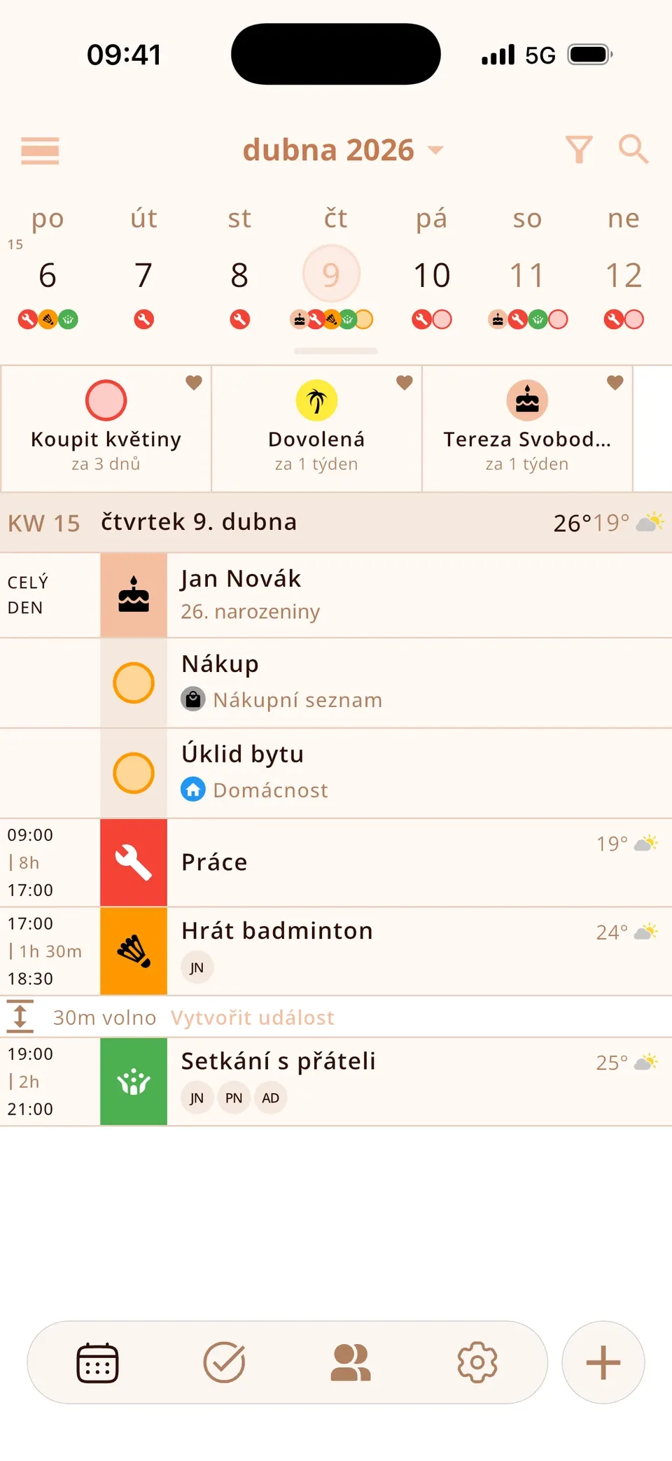 Odpočítávání v horní části kalendáře Miracal: Koupit květiny, Dovolená, Tereza Svobodová