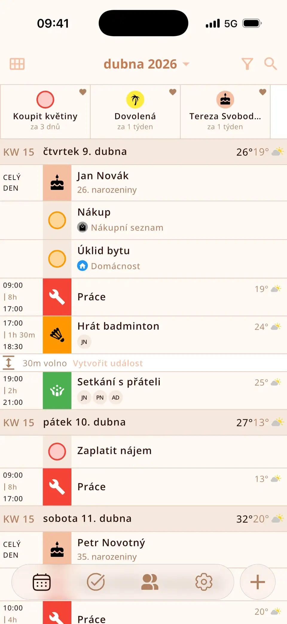 Den v Miracalu s událostmi, úkolem, narozeninami a počasím