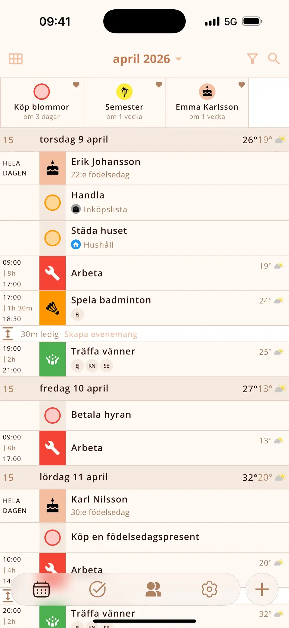 Flera dagar i Miracal där dagens uppgifter visas ovanför händelserna