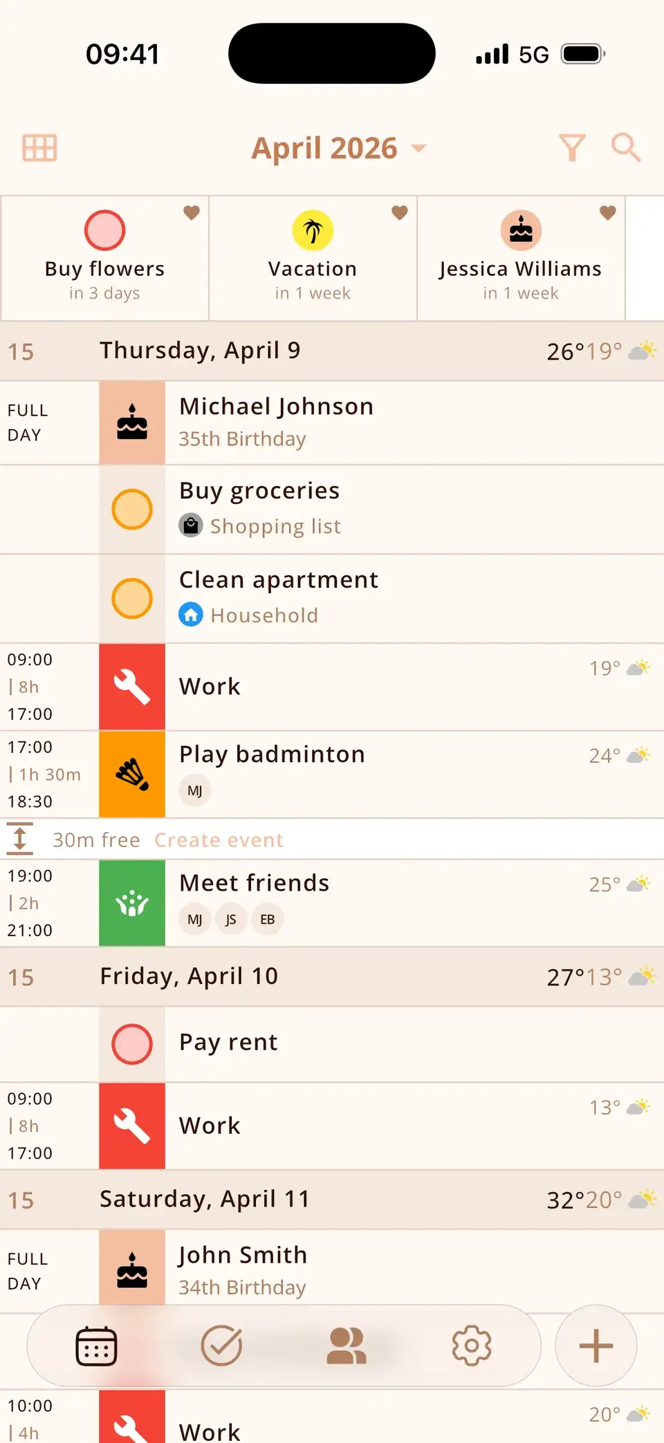 Several days in Miracal with the day's tasks shown above the appointments