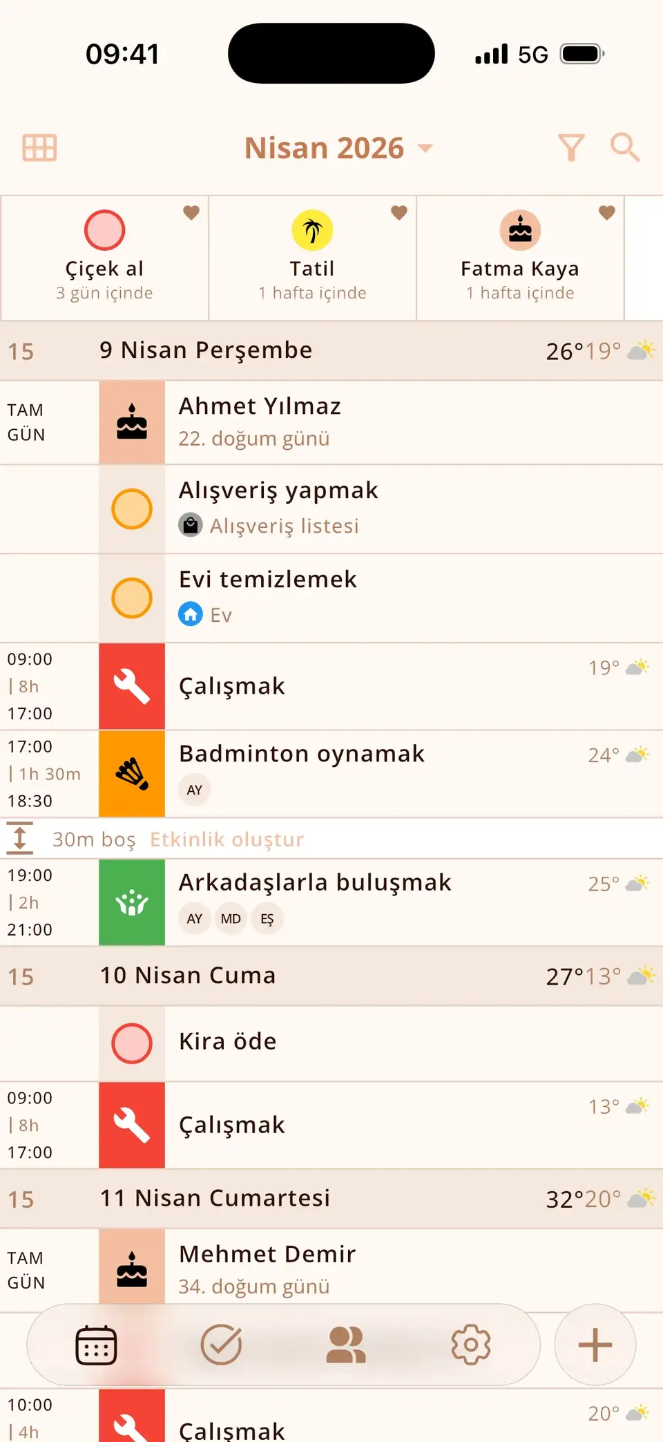 Miracal’da anımsatıcıların randevuların üstünde göründüğü birkaç gün
