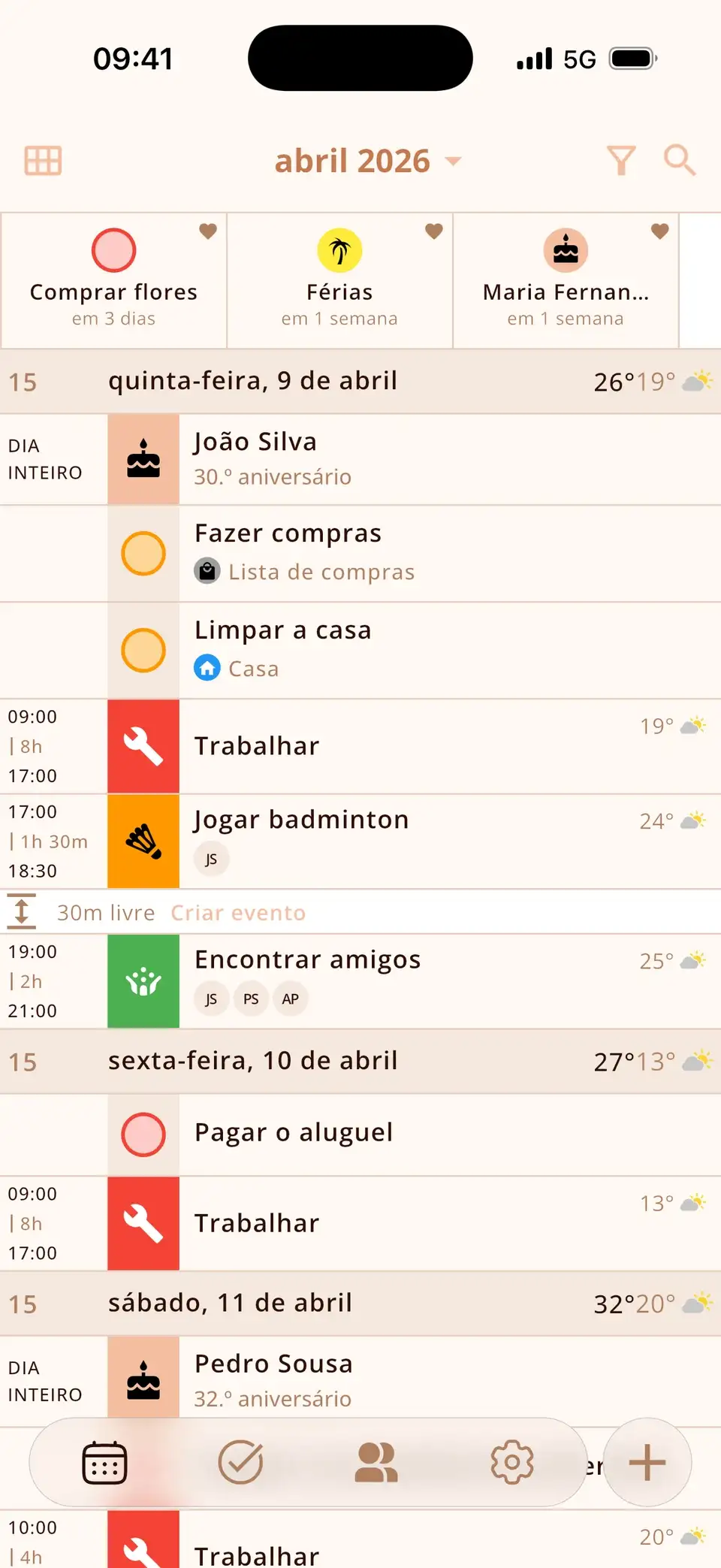 Vários dias no Miracal com lembretes acima dos compromissos