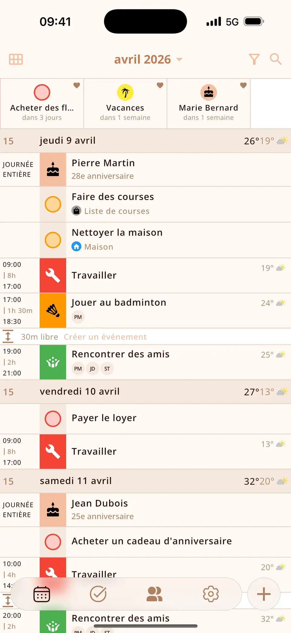 Une journée dans Miracal avec des événements, une tâche, un anniversaire et la météo