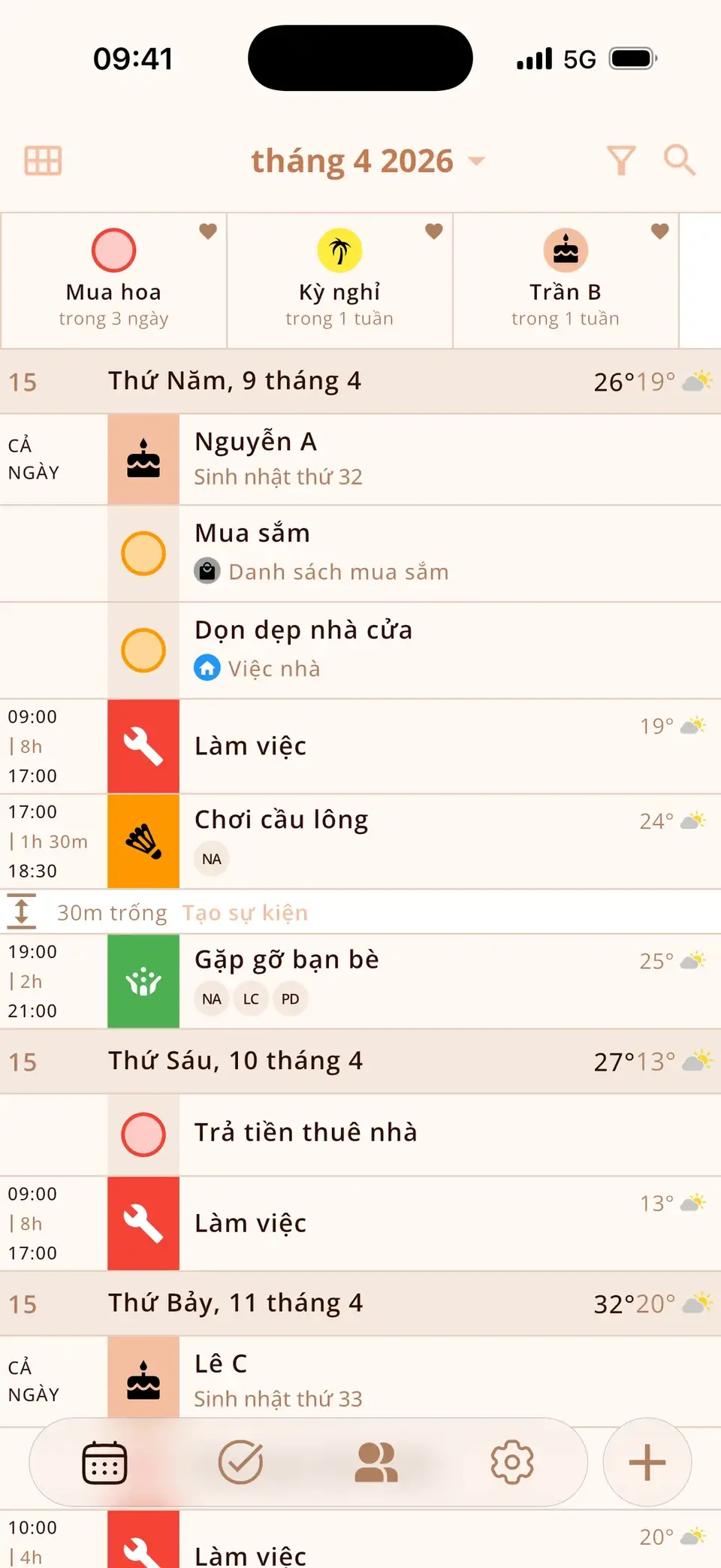Nhiều ngày trong Miracal với lời nhắc hiển thị phía trên lịch hẹn
