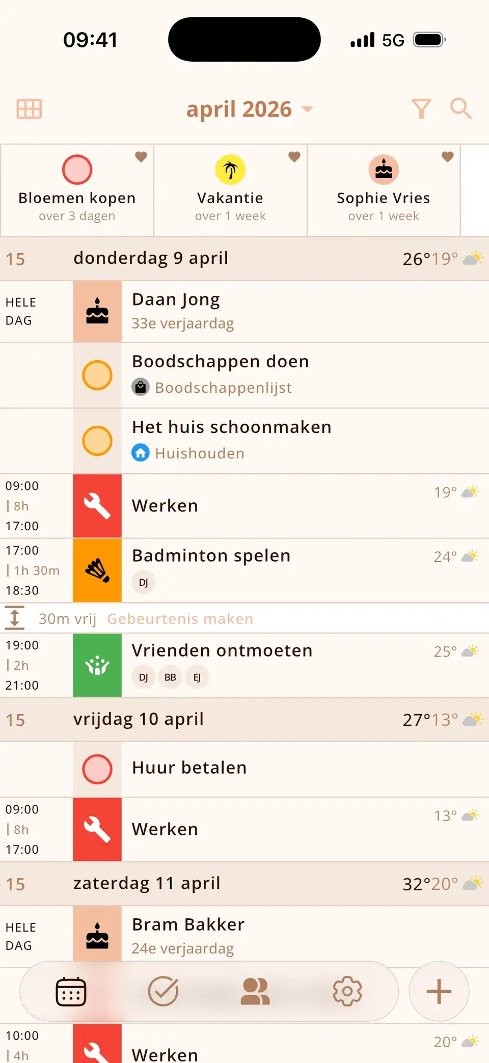 Een dag in Miracal met afspraken, een taak, een verjaardag en het weer