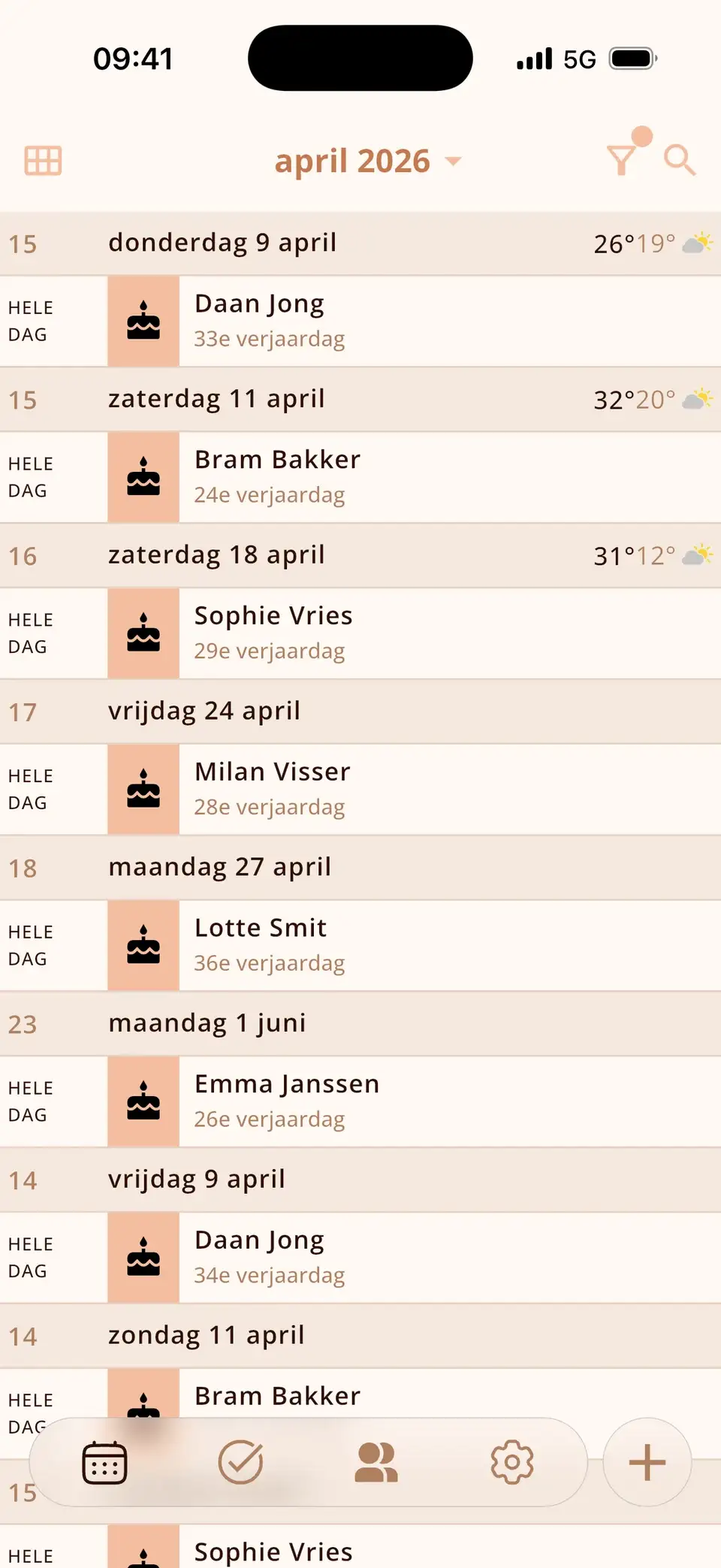 Agendadagen in Miracal met verjaardagen van contacten en de leeftijd die ze worden
