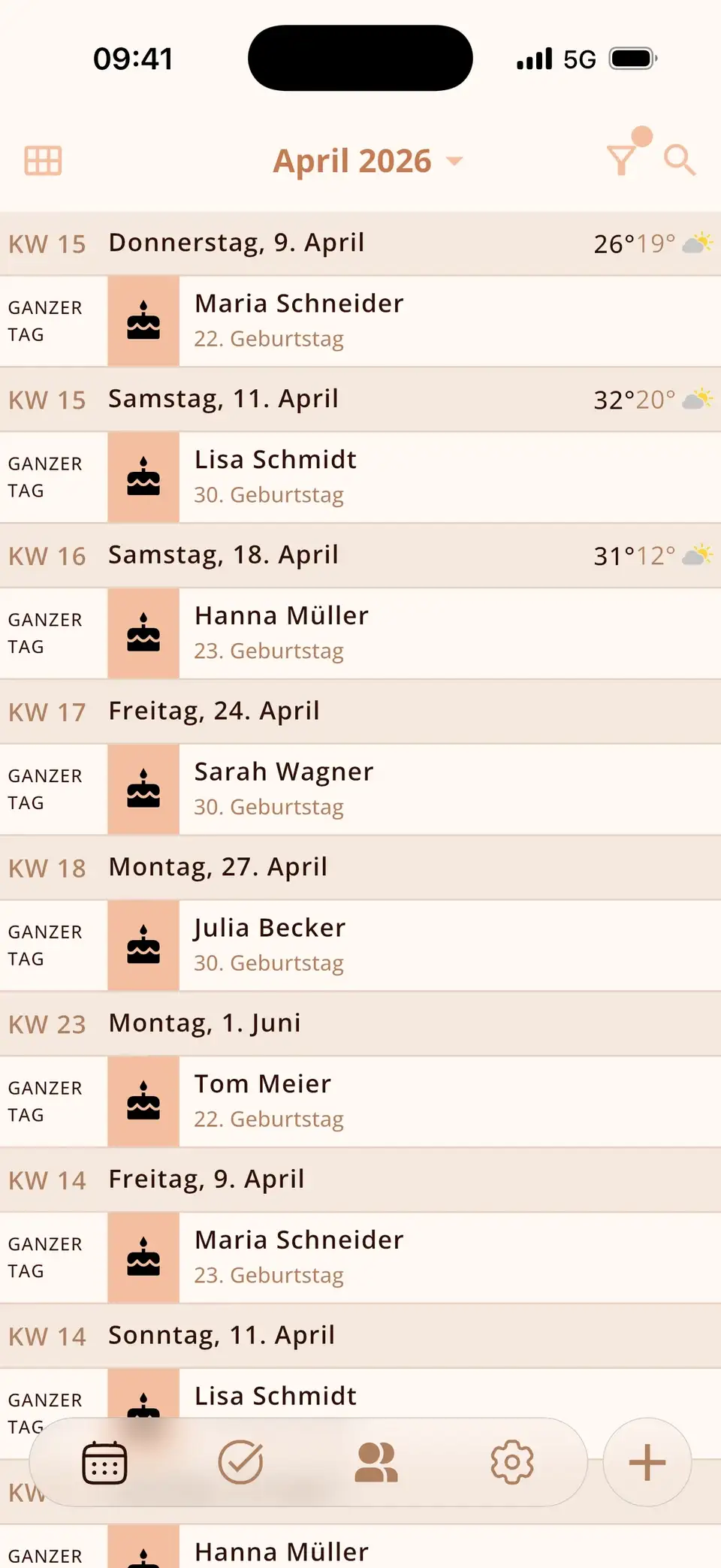 Geburtstage mit Alter in Miracal