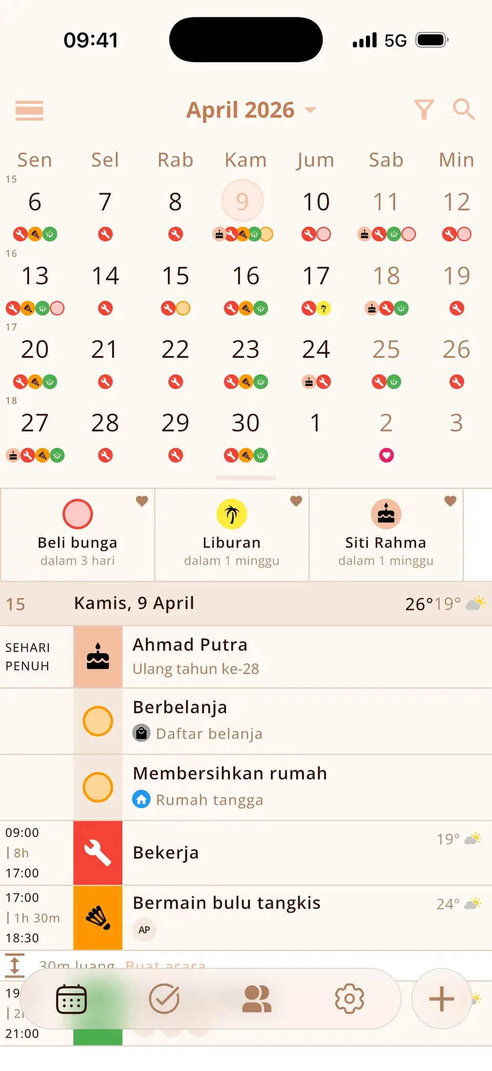 Tampilan minggu Miracal yang dibuka menjadi empat minggu dengan penanda acara berwarna