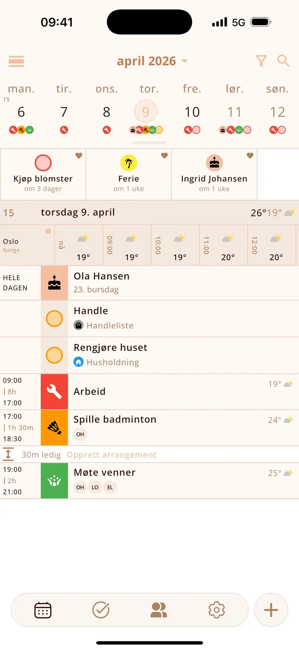 Dag i Miracal med værvarsel time for time og temperaturer ved avtalene