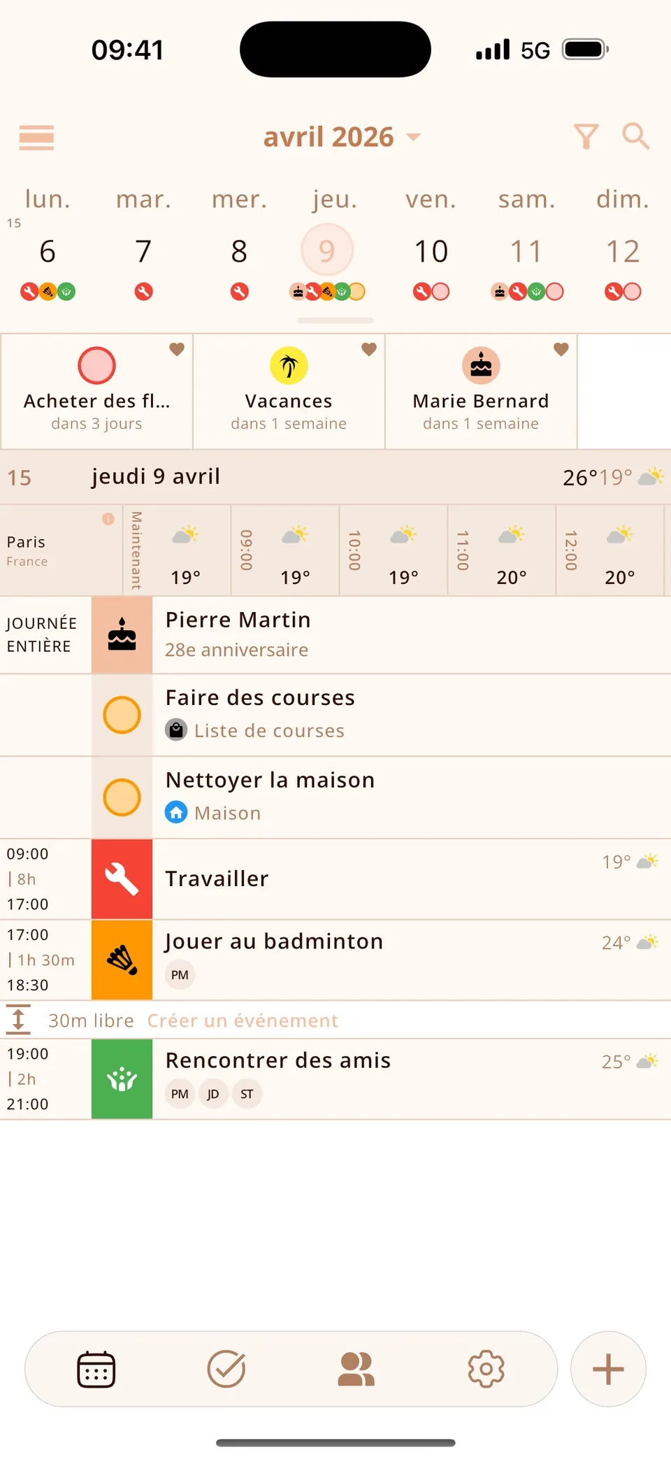 Prévisions météo heure par heure dans le calendrier Miracal