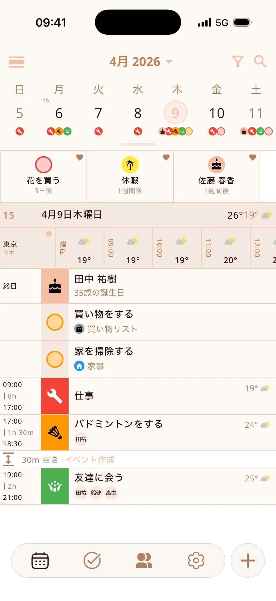 Miracalカレンダーの1時間ごとの天気予報