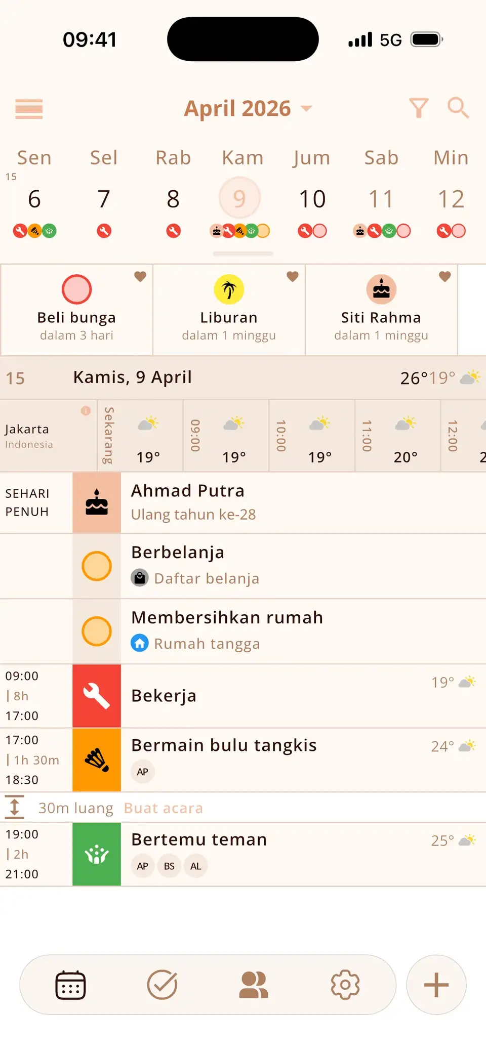 Hari di Miracal dengan prakiraan cuaca per jam dan suhu di samping acara