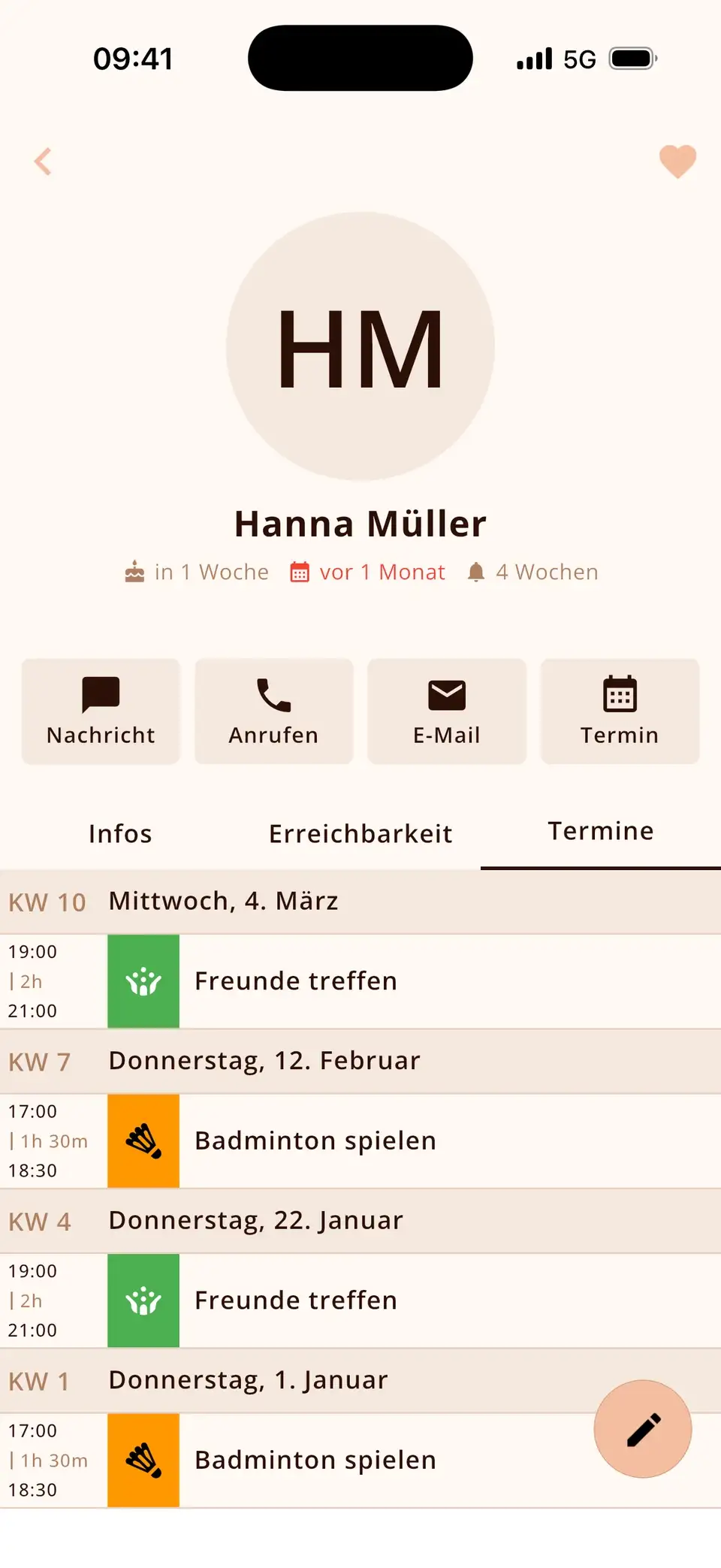 Kontakt in Miracal mit letztem Treffen und allen gemeinsamen Terminen