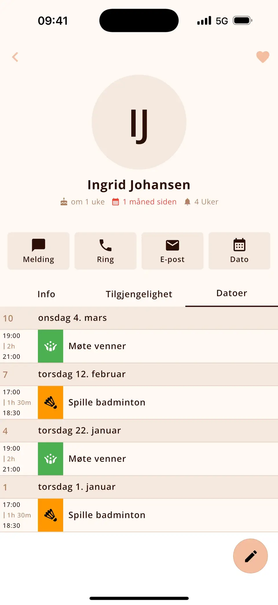 Kontakt i Miracal med siste møte og alle felles avtaler