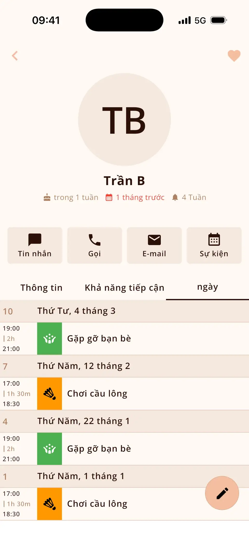 Liên hệ trong Miracal với lần gặp gần nhất và tất cả sự kiện chung