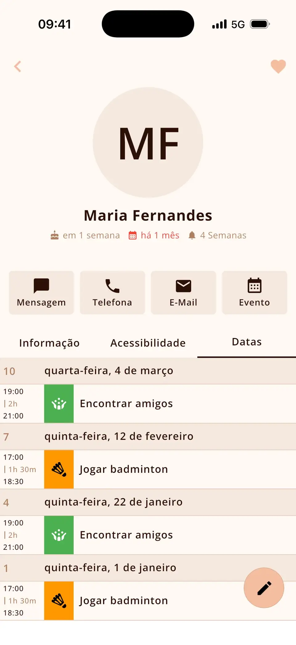 Contato no Miracal com o último encontro e todos os eventos em comum