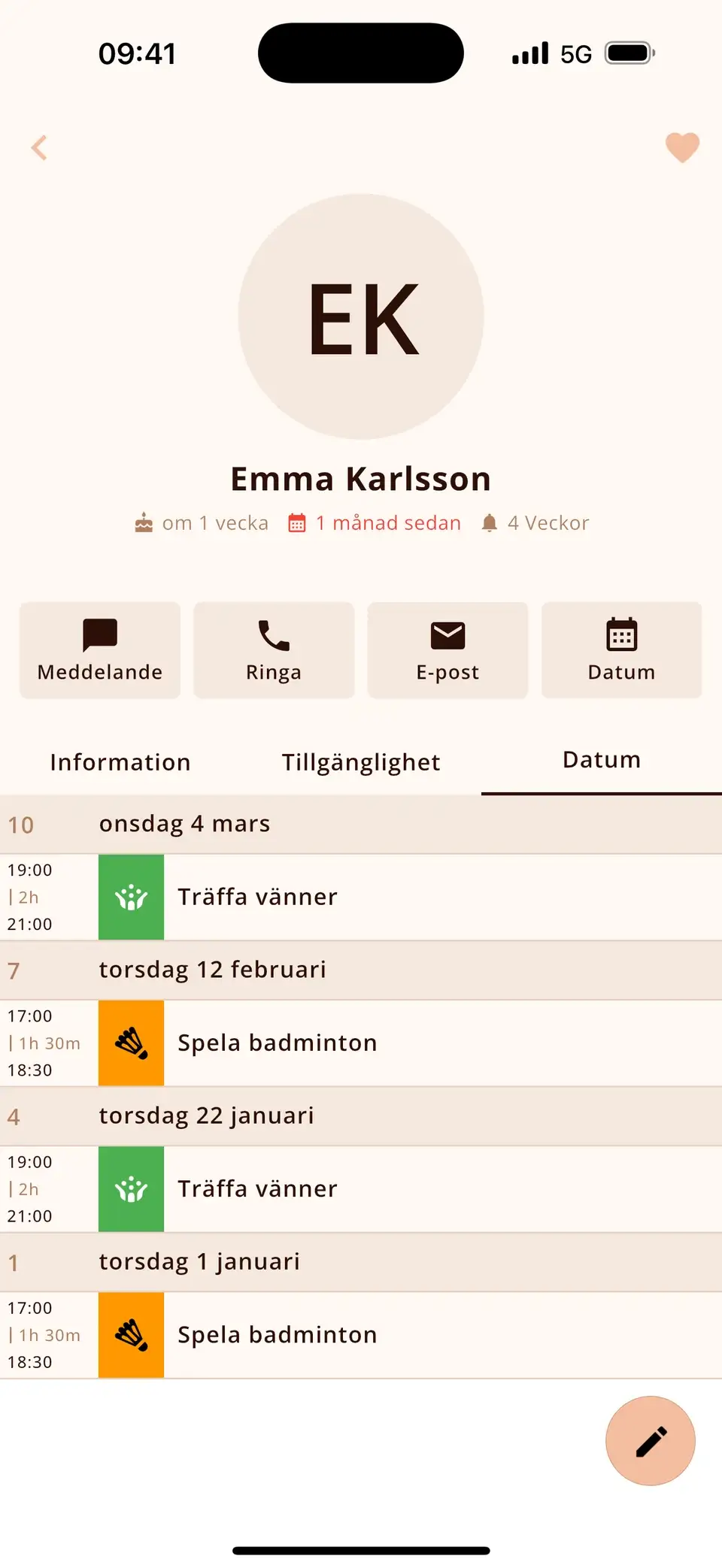 Kontakt i Miracal med senaste träffen och alla delade händelser