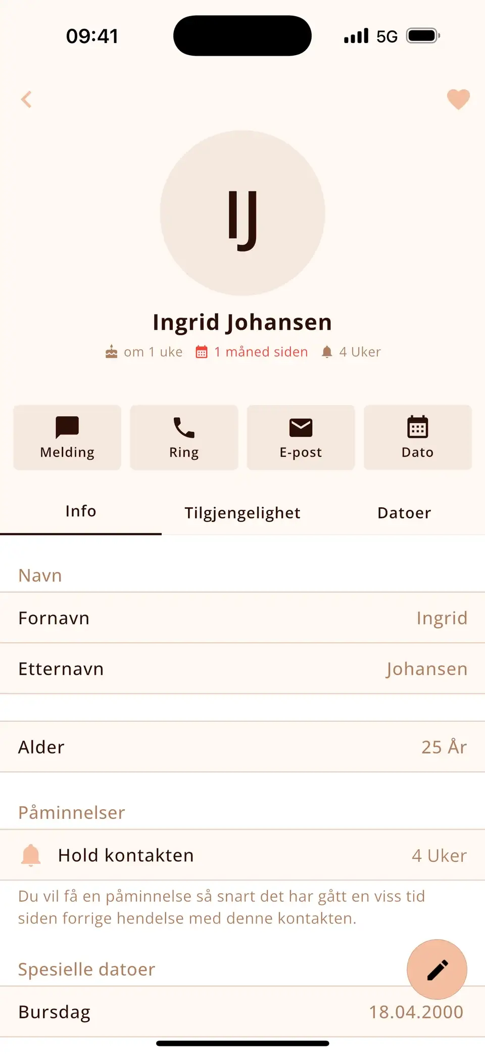 Kontakt i Miracal med en påminnelse om å holde kontakten hver 4. uke