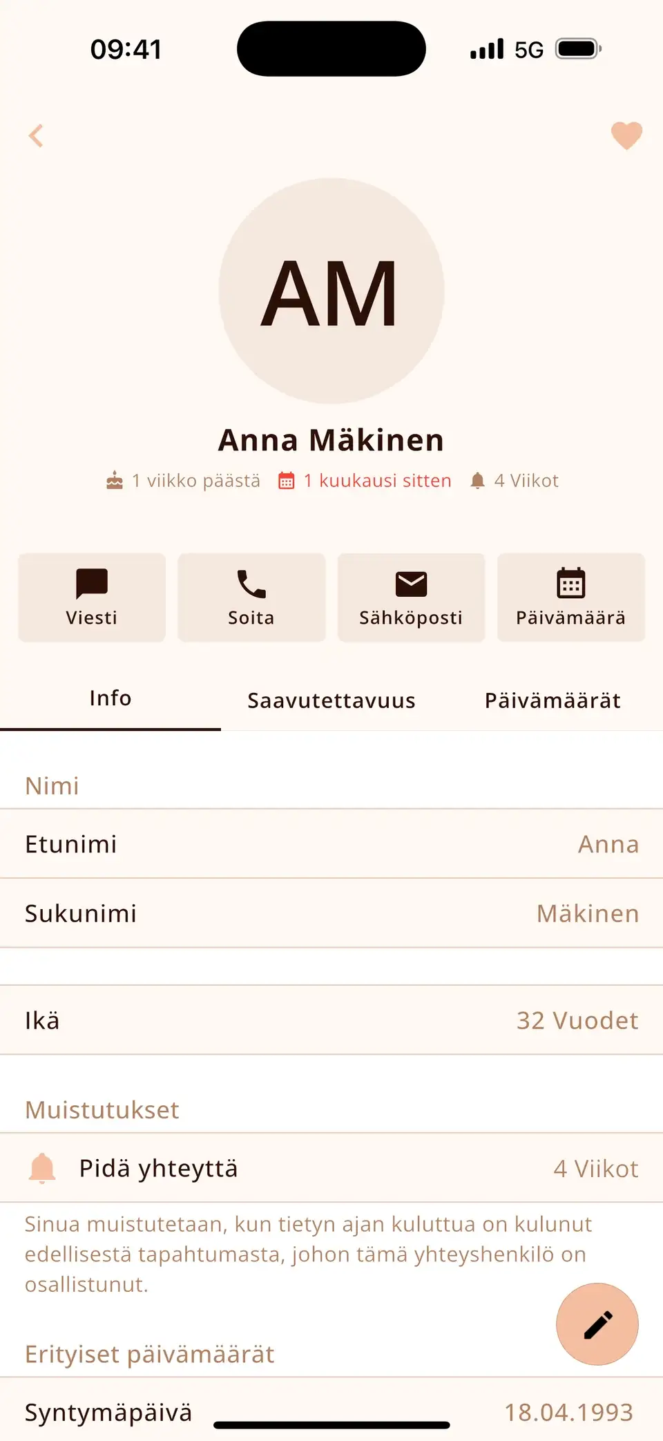 Yhteystieto Miracalissa ja muistutus pitää yhteyttä 4 viikon välein