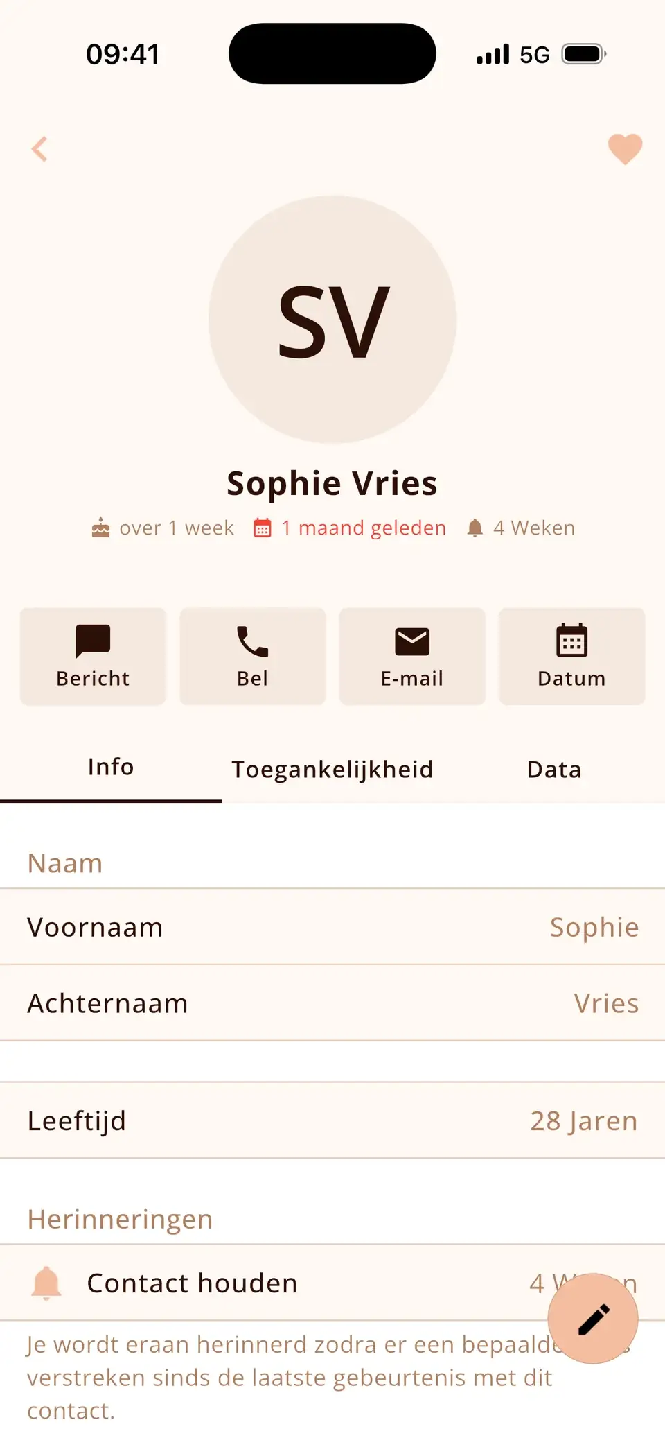 Contact in Miracal met een herinnering om elke 4 weken contact te houden