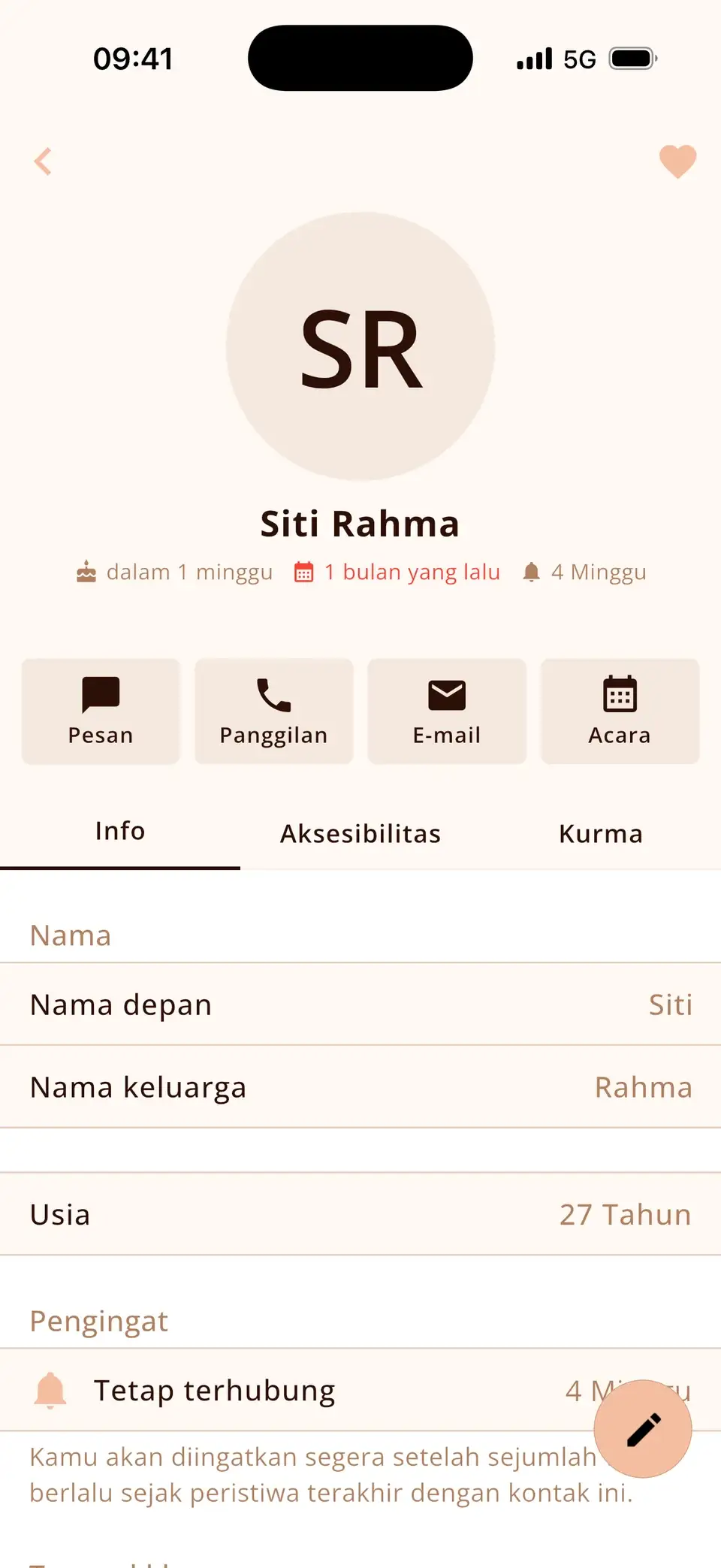 Kontak di Miracal dengan pengingat untuk tetap terhubung setiap 4 minggu