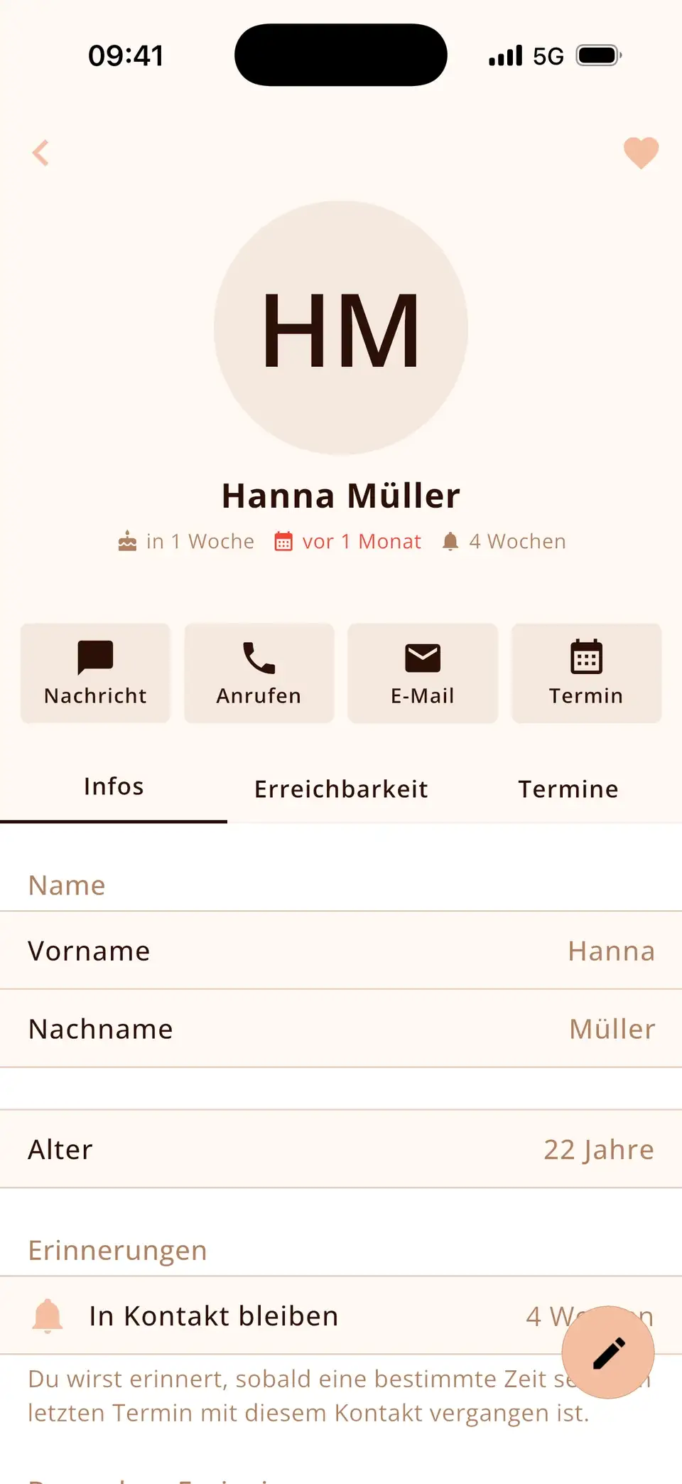 Kontakt in Miracal mit Erinnerung, alle 4 Wochen in Kontakt zu bleiben