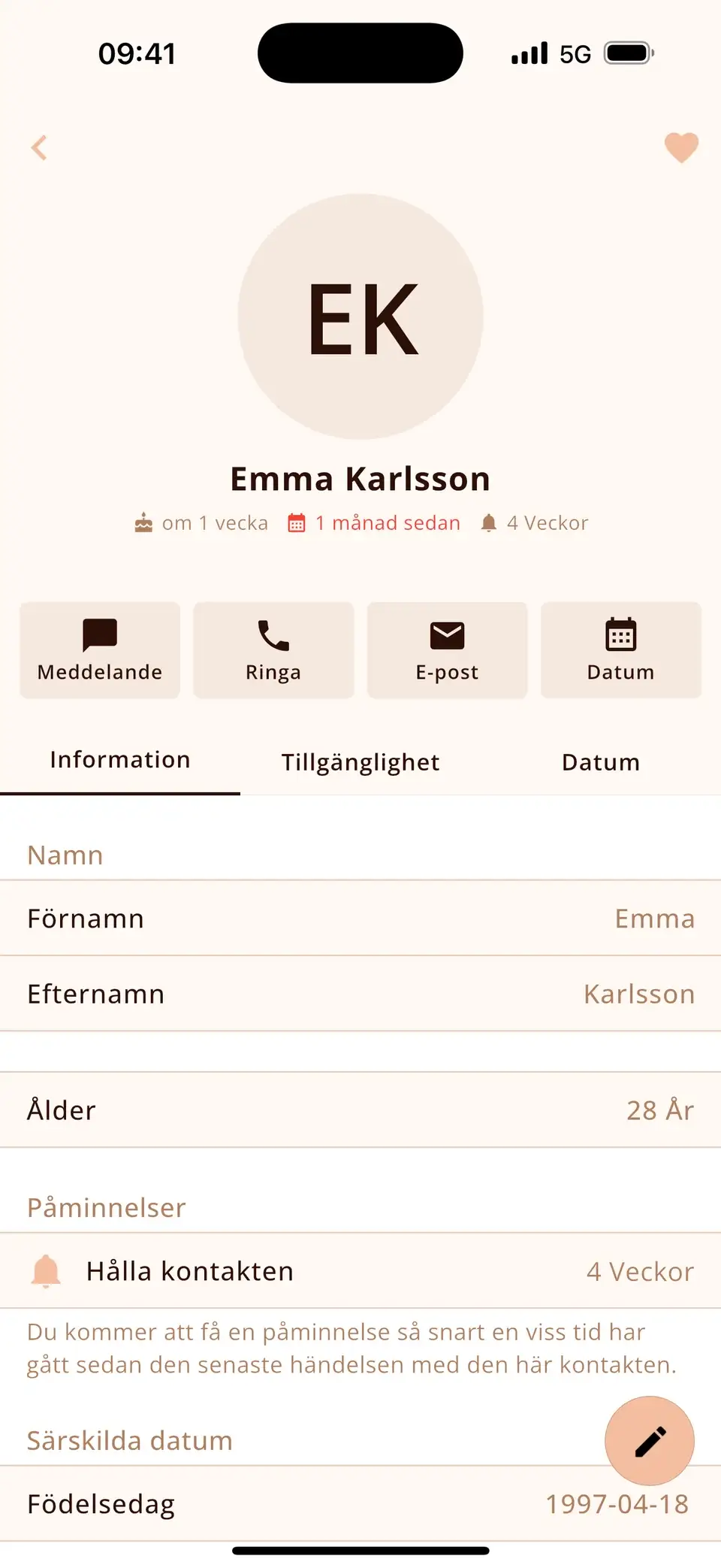 Kontakt i Miracal med en påminnelse om att hålla kontakten var 4:e vecka