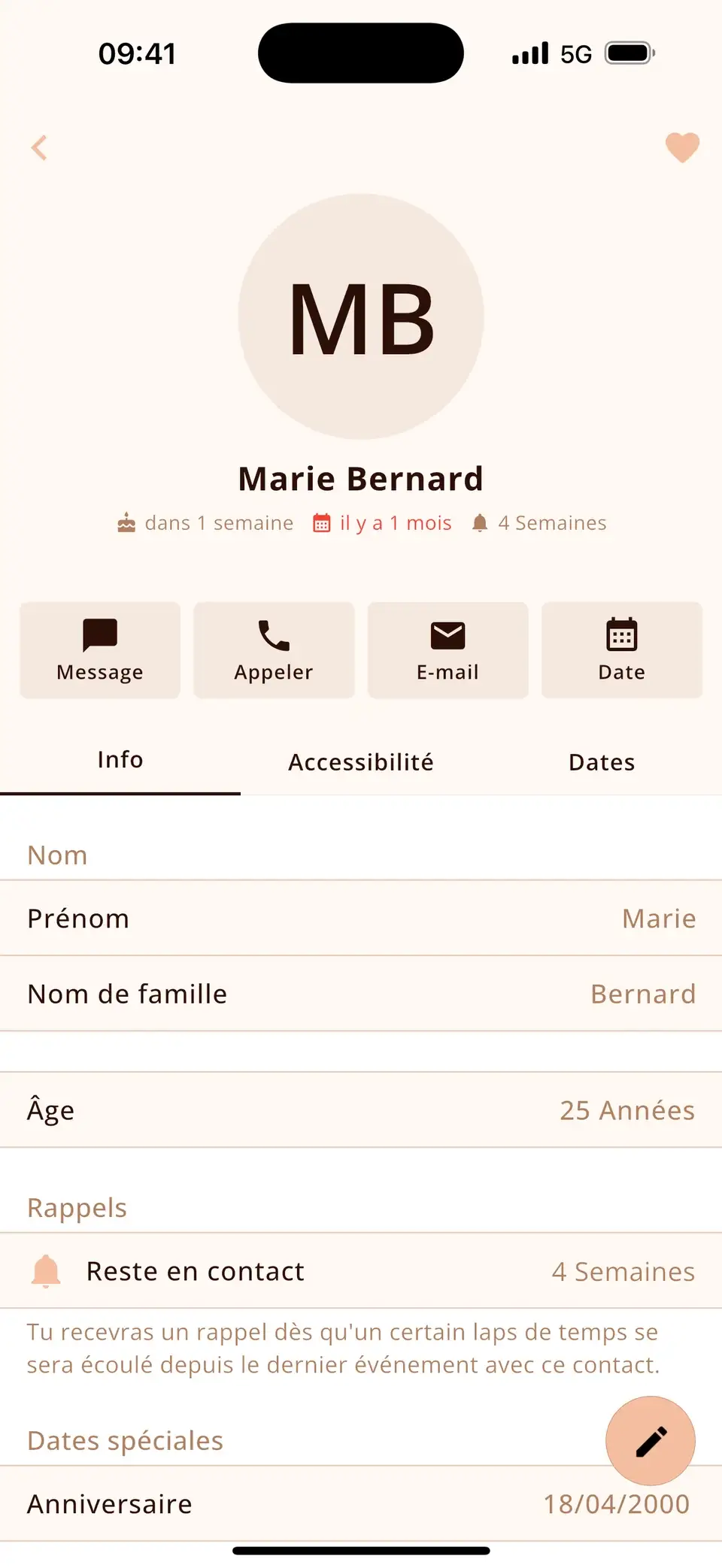 Contact dans Miracal avec un rappel pour rester en contact toutes les 4 semaines