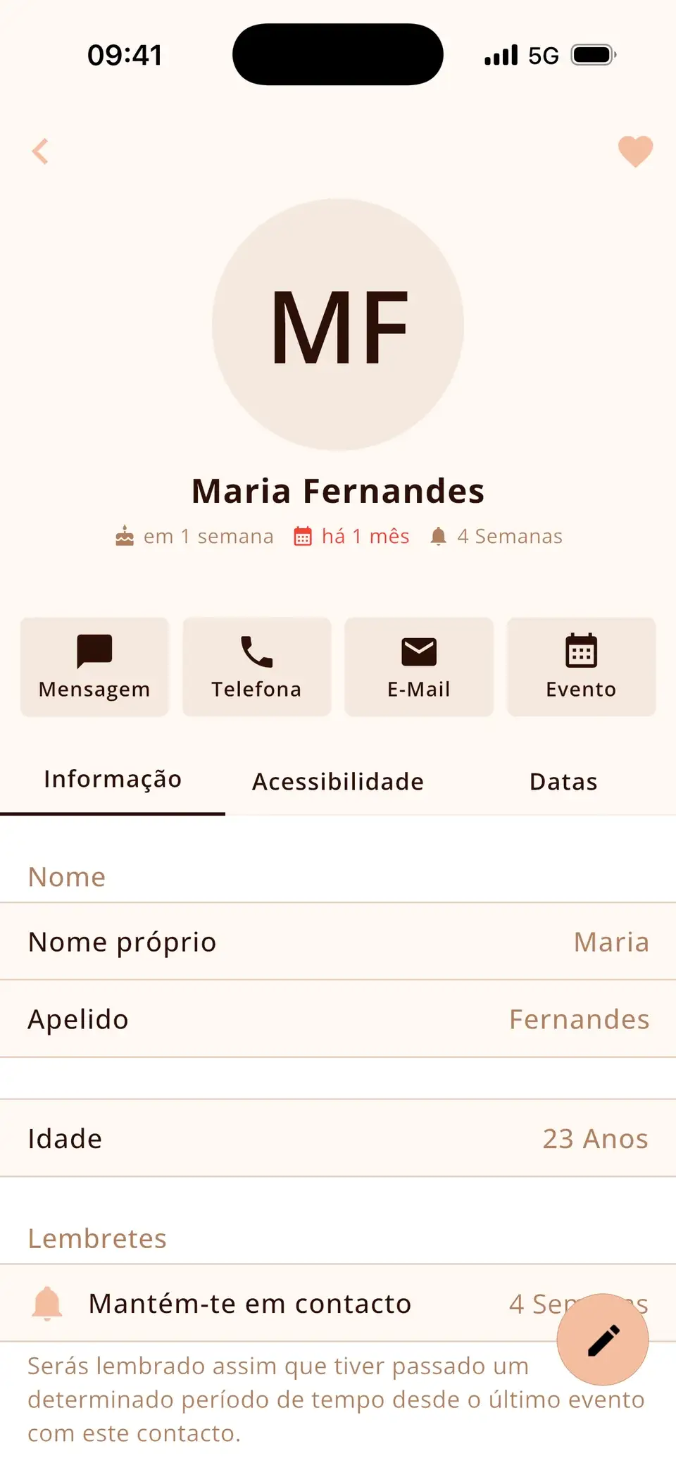 Contato no Miracal com um lembrete para manter contato a cada 4 semanas