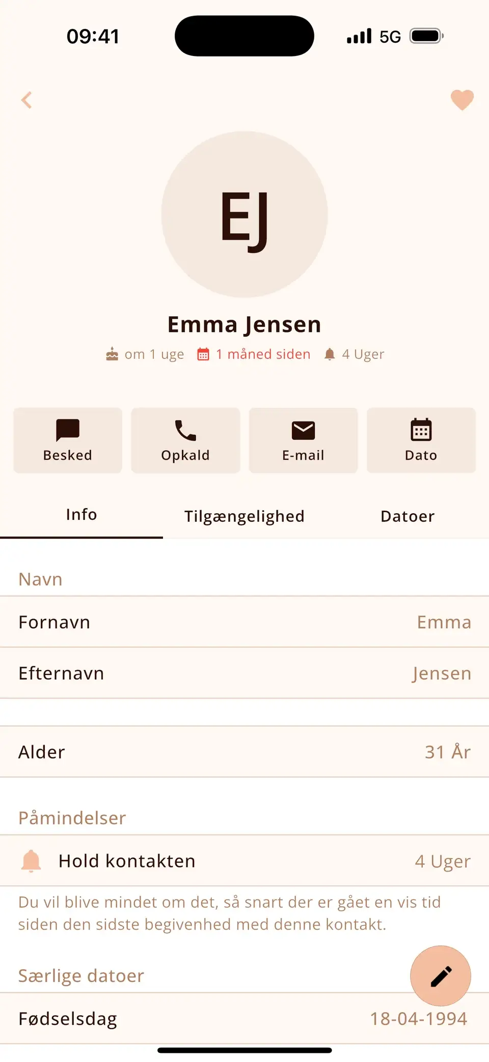 Kontakt i Miracal med en påmindelse om at holde kontakten hver 4. uge