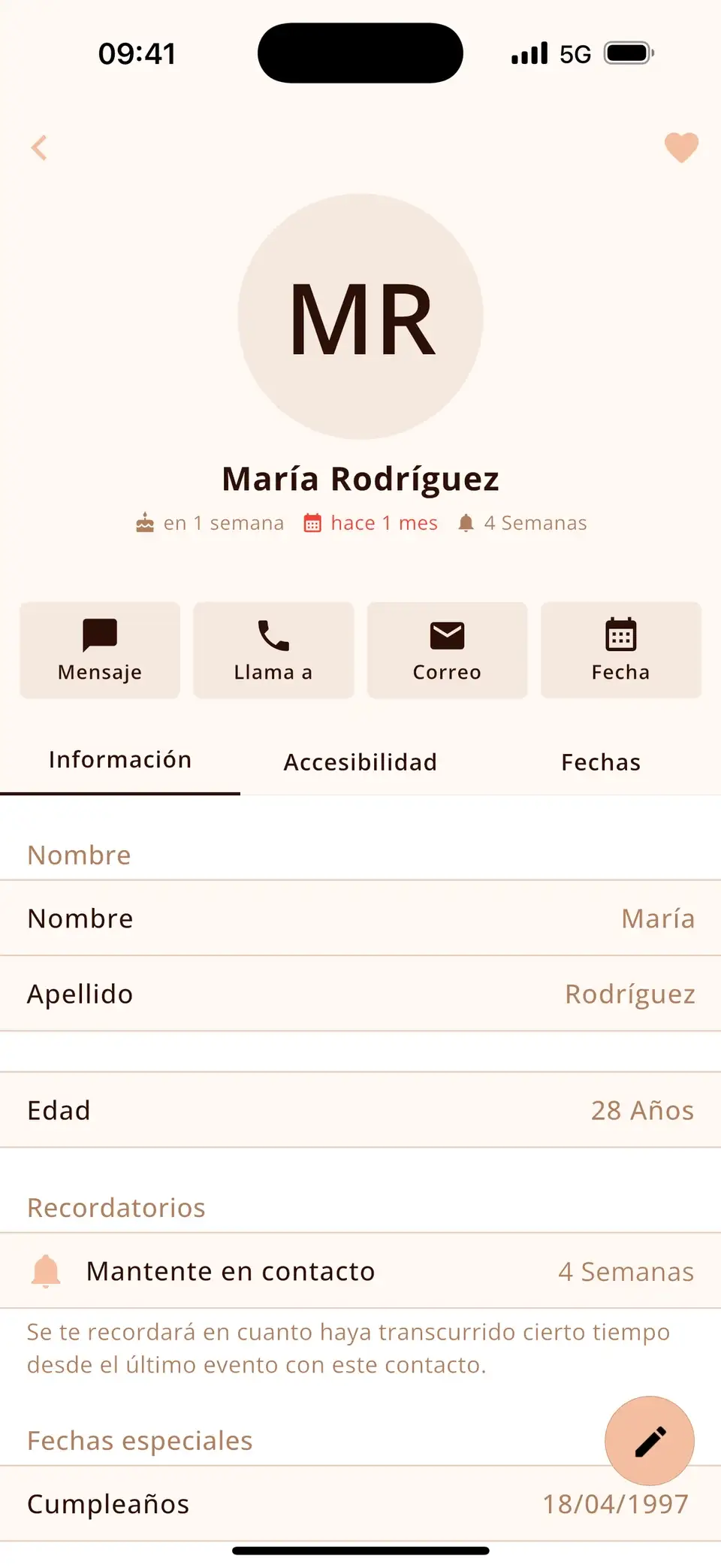 Contacto en Miracal con un recordatorio para mantener el contacto cada 4 semanas