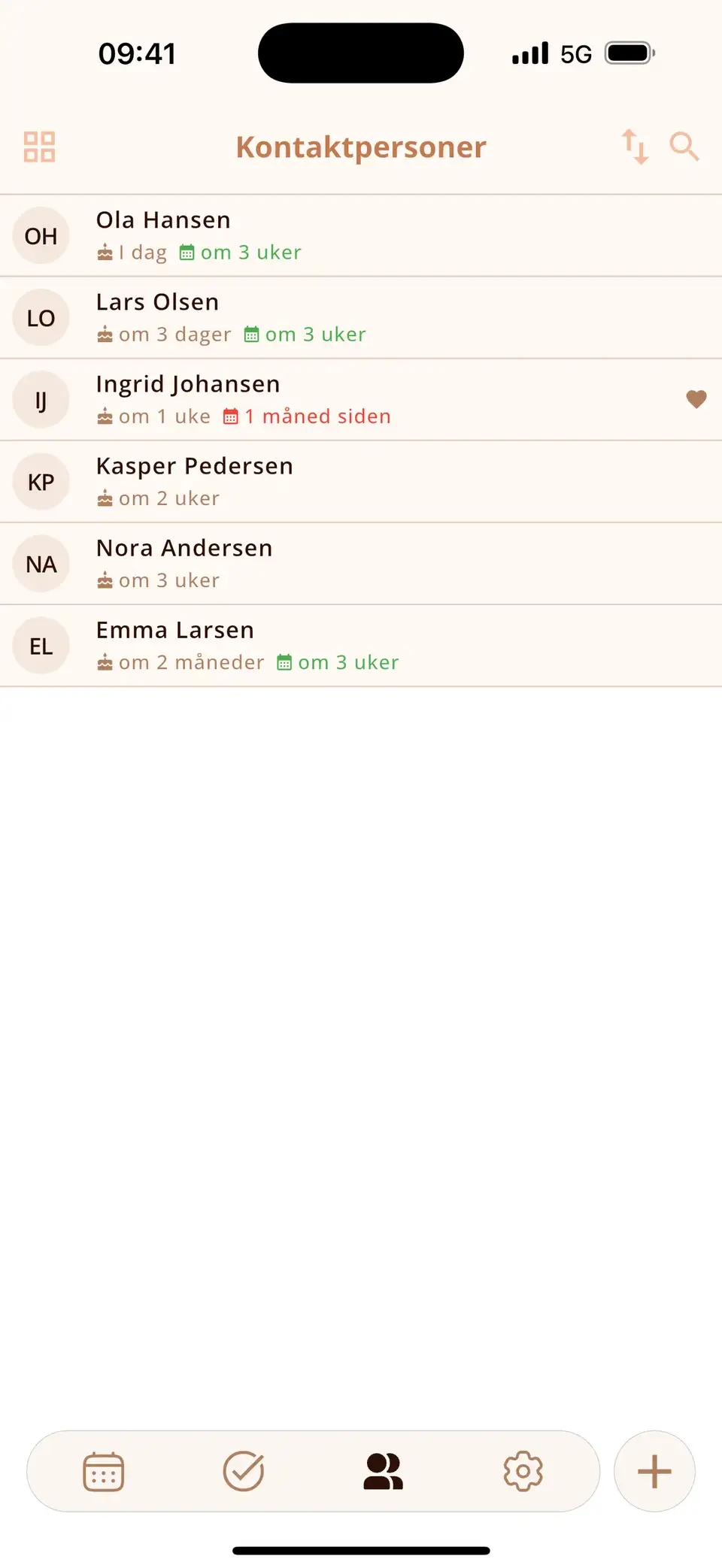 Kontaktliste i Miracal med kommende bursdager og siste treff