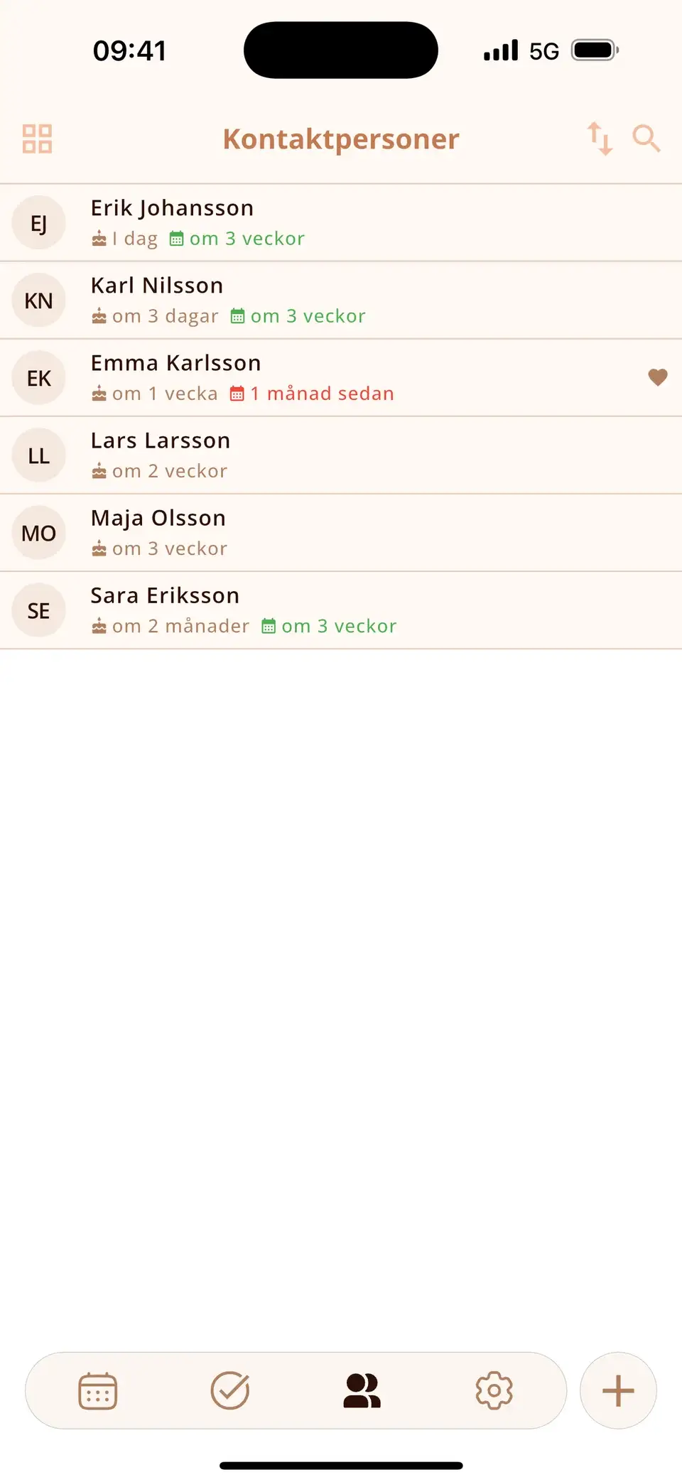Kontaktlista i Miracal med kommande födelsedagar och senaste träffar