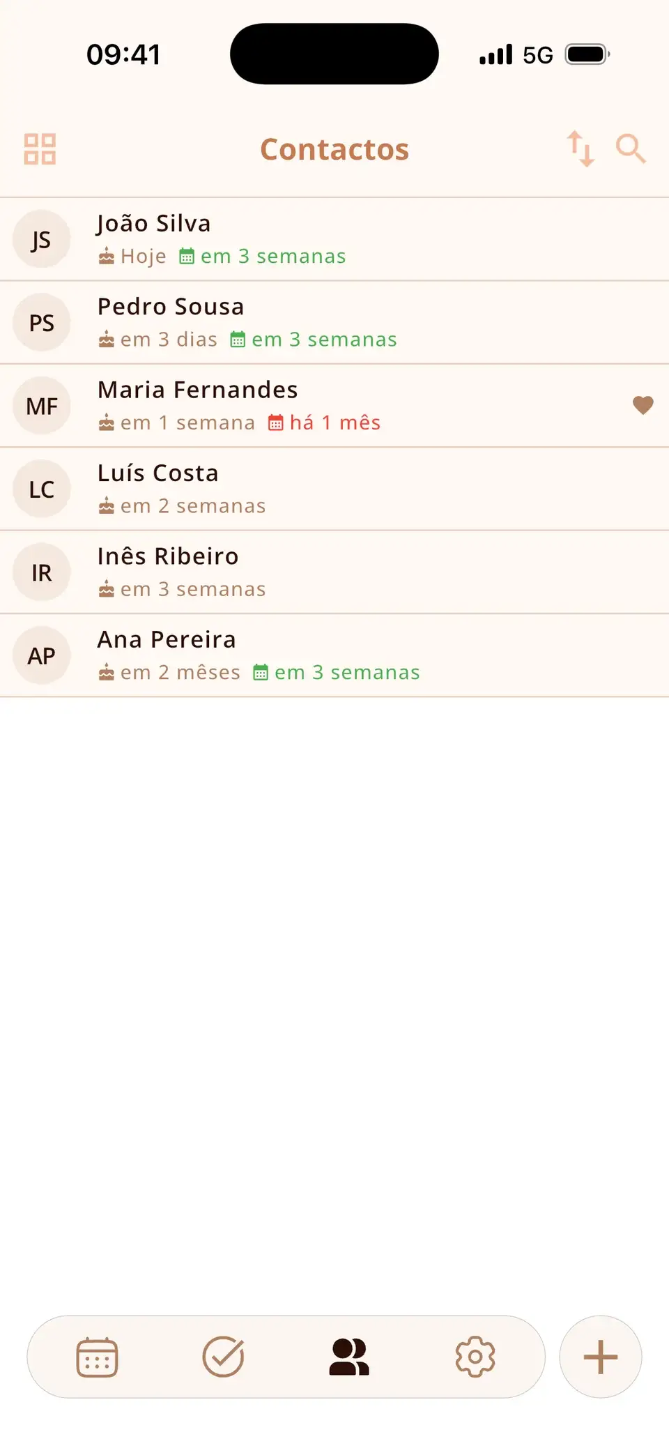 Lista de contatos no Miracal com os próximos aniversários e os últimos encontros