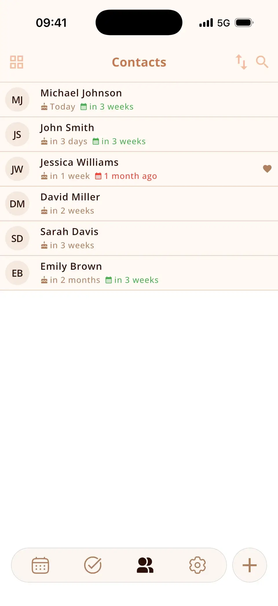 Contact list in Miracal with days until each birthday