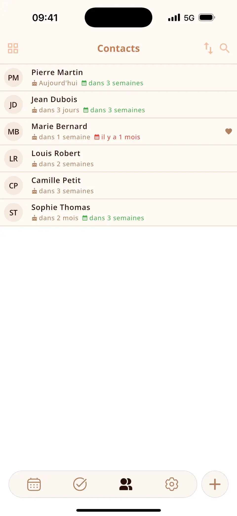 Liste de contacts dans Miracal avec les prochains anniversaires et les dernières rencontres