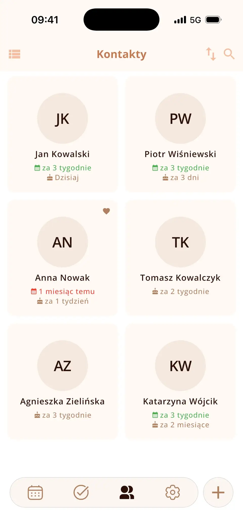 Lista kontaktów w Miracal z najbliższymi urodzinami i ostatnimi spotkaniami