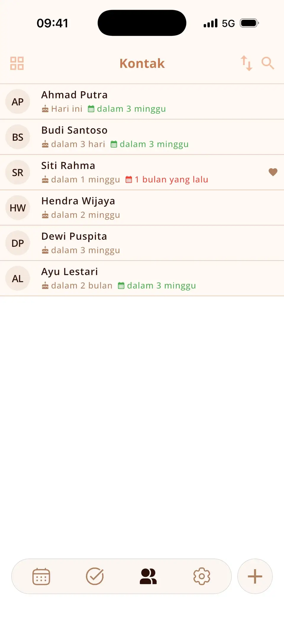 Daftar kontak di Miracal dengan ulang tahun mendatang dan pertemuan terakhir