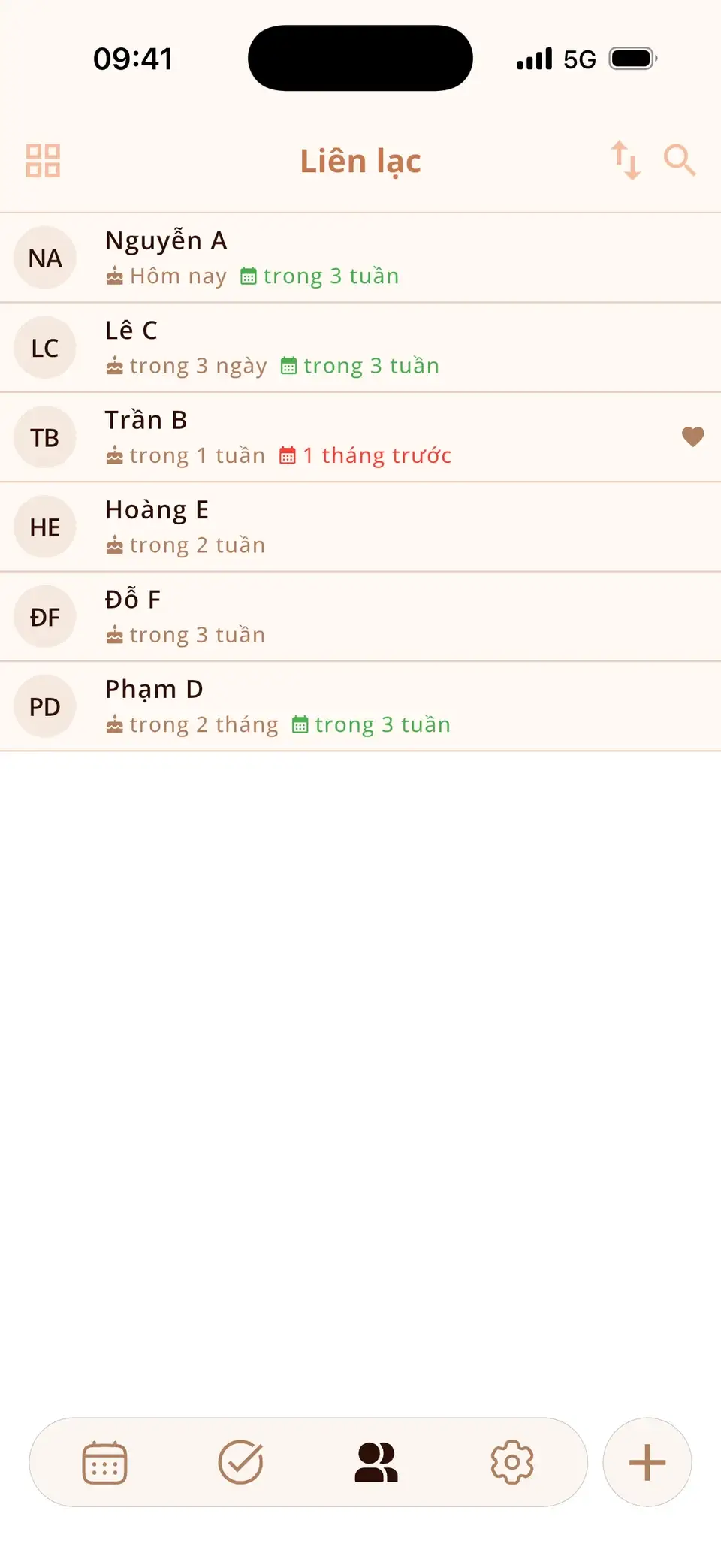 Danh bạ trong Miracal với sinh nhật sắp tới và lần gặp gần nhất
