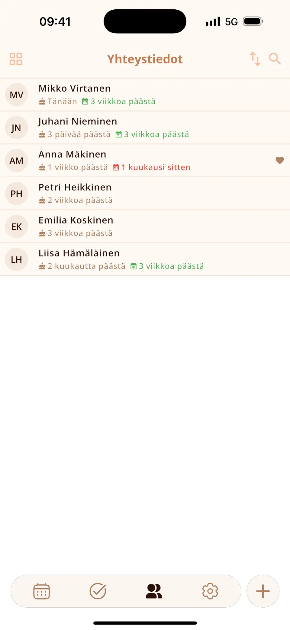 Miracalin yhteystietoluettelo, jossa näkyvät tulevat syntymäpäivät ja viimeisimmät tapaamiset