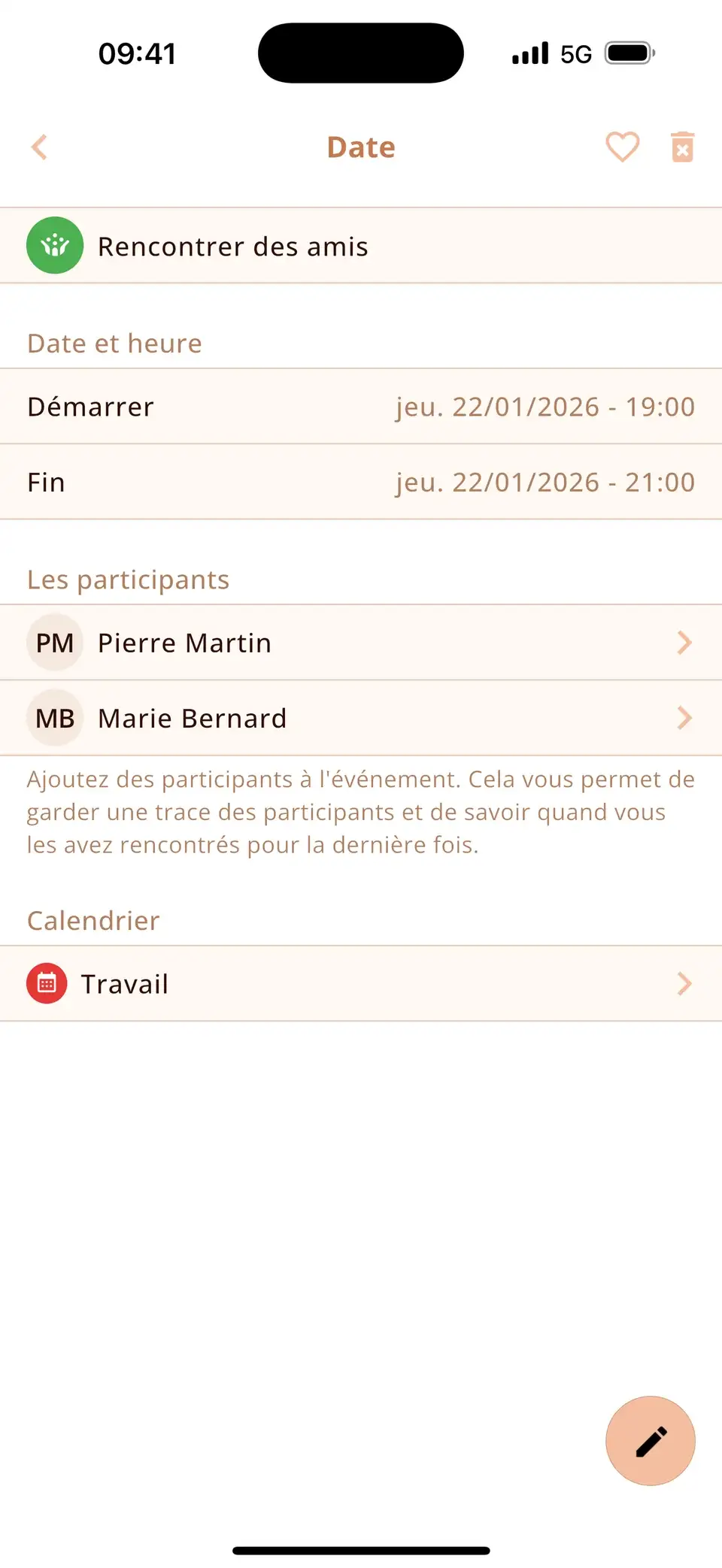 Événement dans Miracal avec deux amis ajoutés comme participants