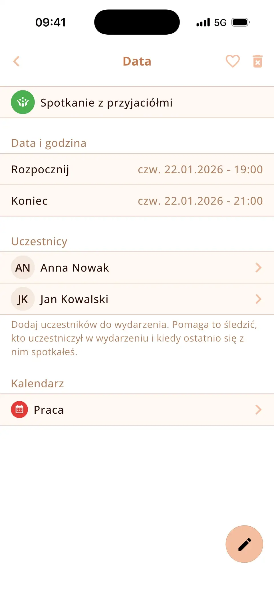 Wydarzenie w Miracal z dwoma znajomymi dodanymi jako uczestnicy