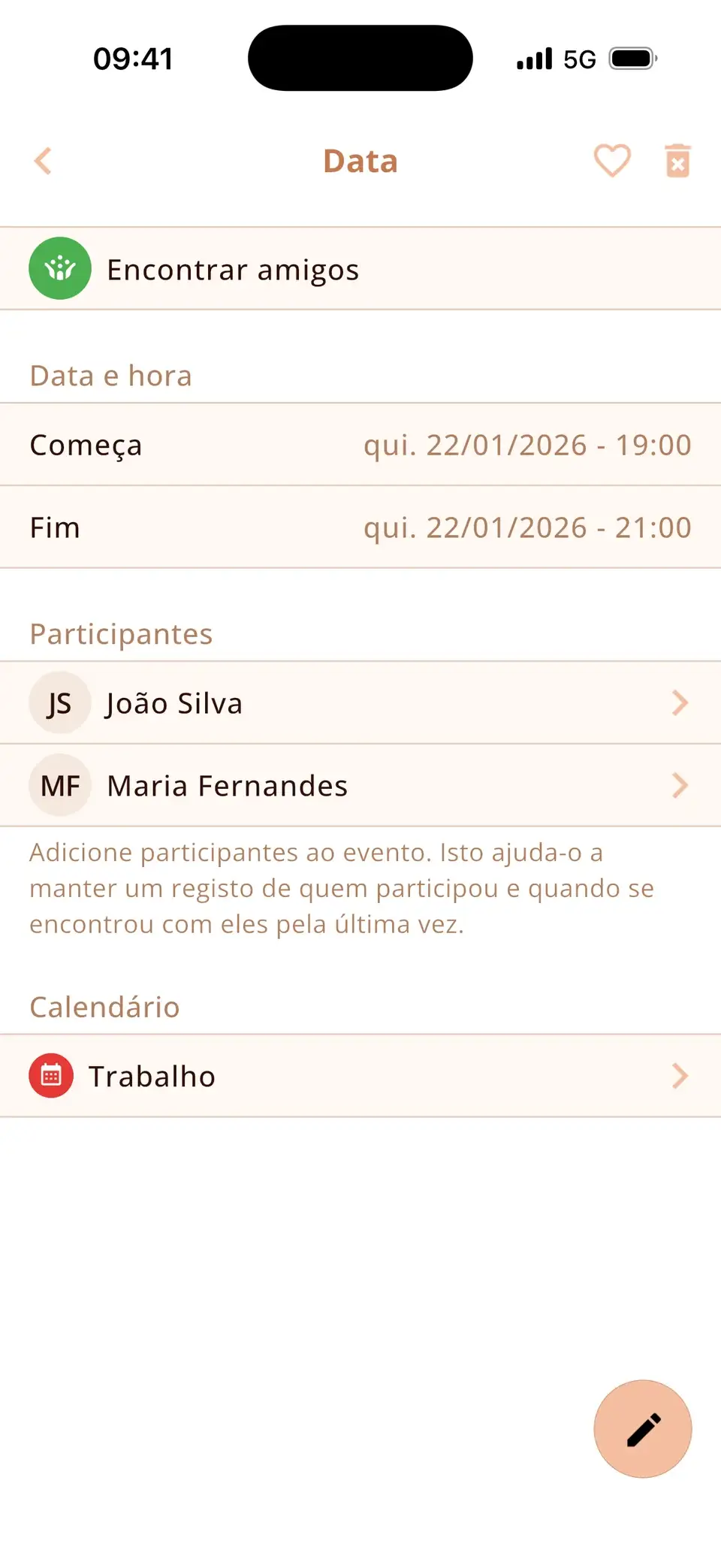 Evento no Miracal com dois amigos adicionados como participantes