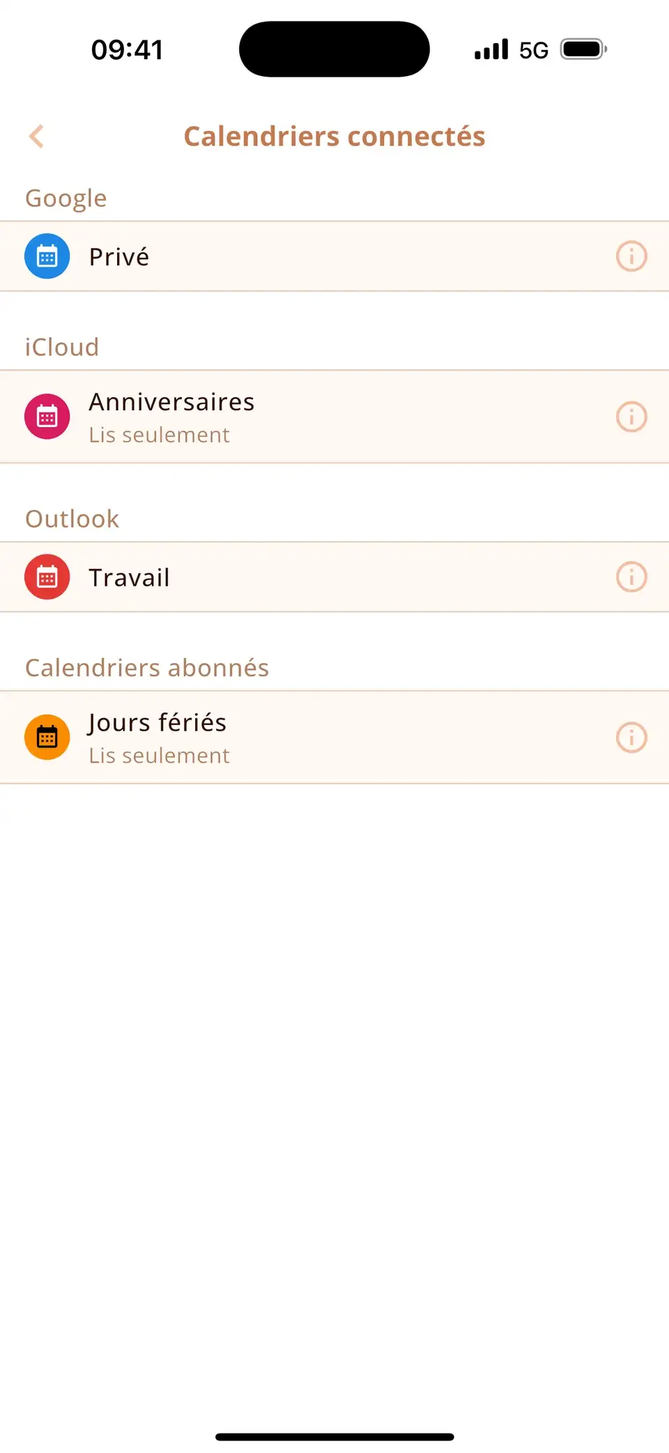 Calendriers connectés dans Miracal : Google, Outlook, iCloud