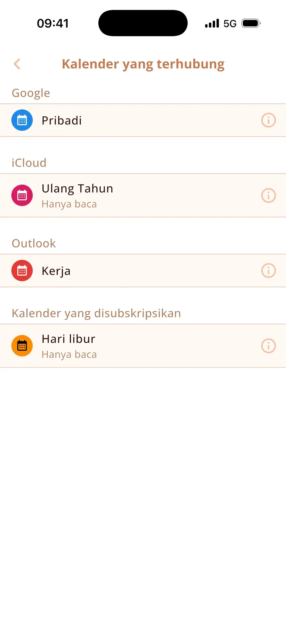 Daftar kalender yang terhubung di Miracal: Google, Outlook, iCloud, dan kalender hari libur langganan