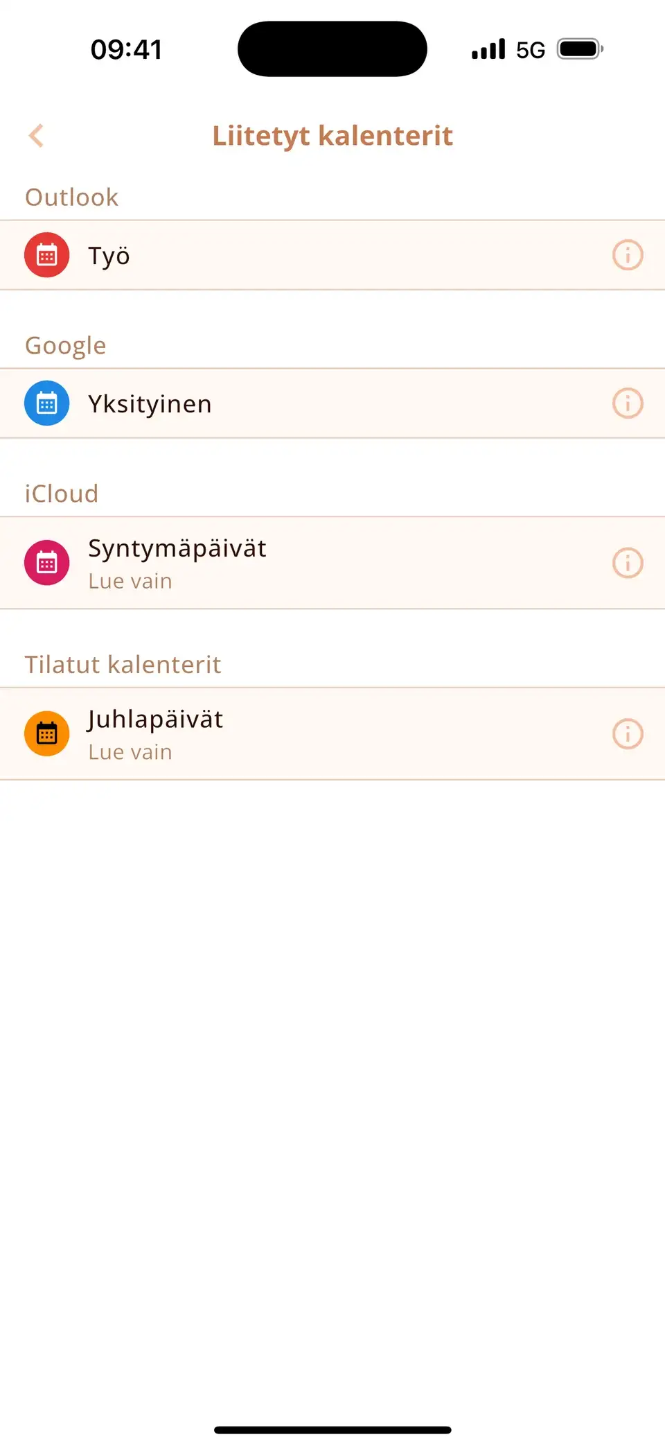 Yhdistetyt kalenterit Miracalissa: Google, Outlook, iCloud ja tilattu pyhäpäiväkalenteri