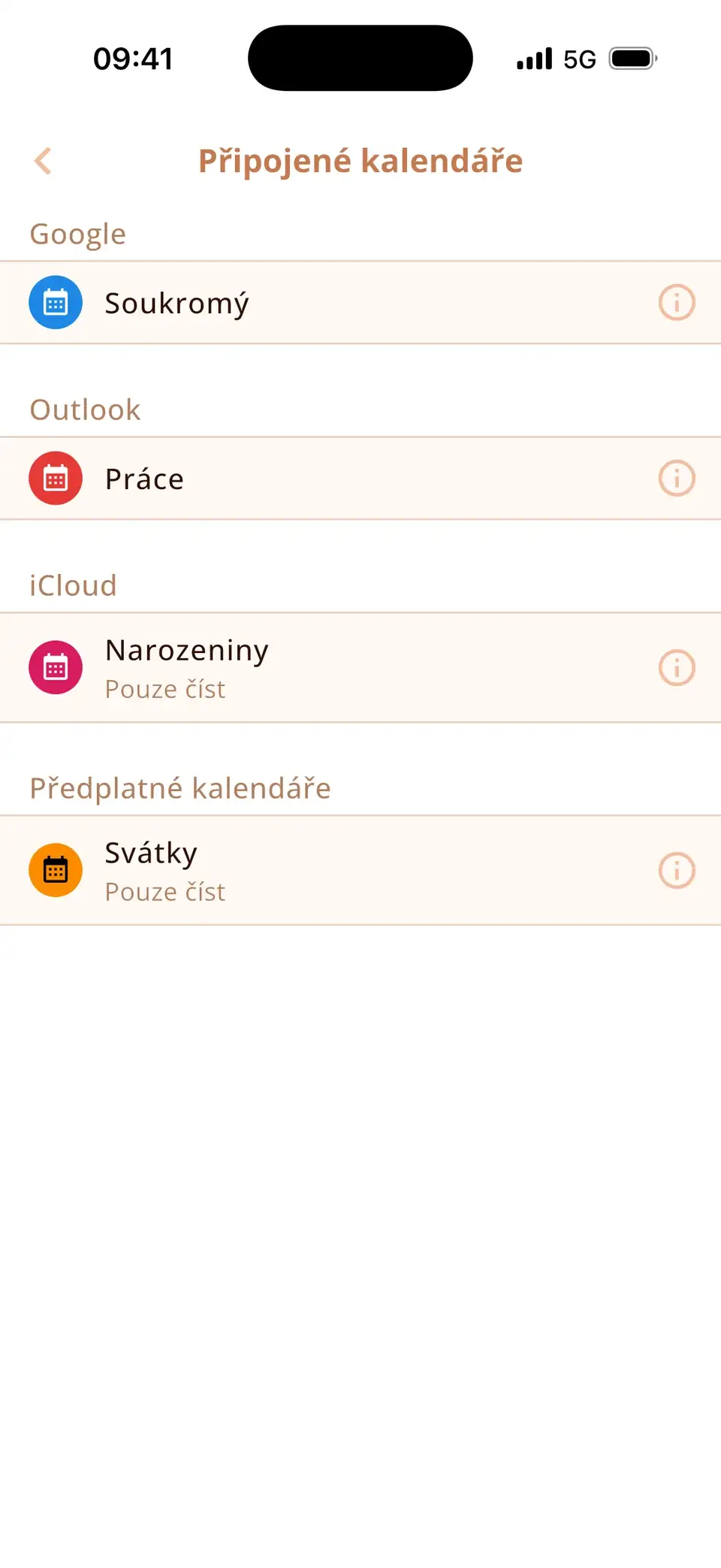 Seznam připojených kalendářů v Miracalu: Google, Outlook, iCloud a odebíraný kalendář svátků